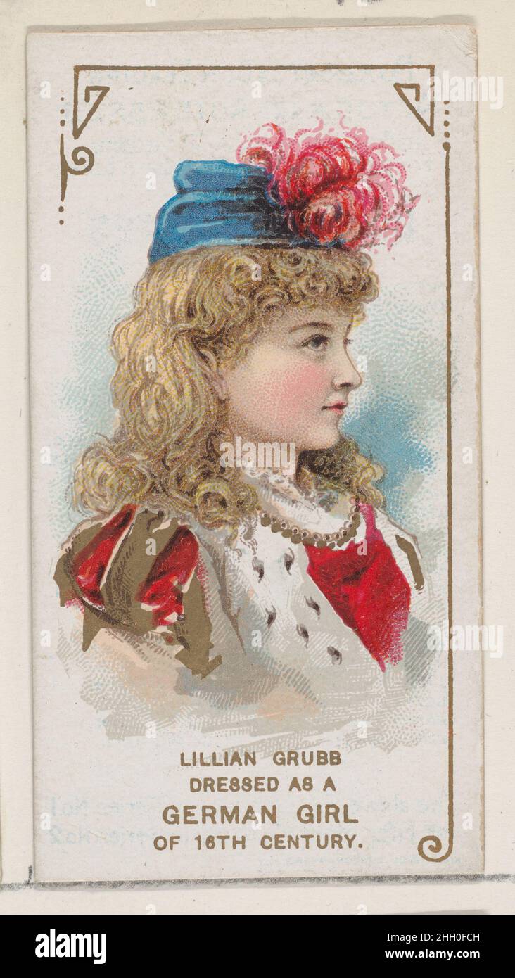 Lillian Grubb habillée comme une fille allemande du 16th siècle, de la série acteurs et actrices First Series (N70) pour les cigarettes de marque Duke 1888–89 émises par W. Duke, Sons & Co. American Trade Cards de la première série « acteurs et actrices » (N70),Émis en 50 cartes en 1888-89 pour promouvoir les cigarettes de marque W. Duke Sons & Co..Lillian Grubb habillé comme une fille allemande du 16th siècle, de l'ensemble acteurs et actrices, première série (N70) pour les cigarettes de marque Duke.1888–89.Lithographie couleur commerciale.Publié par W. Duke, Sons & Co. (New York et Durham, N.C.) Banque D'Images