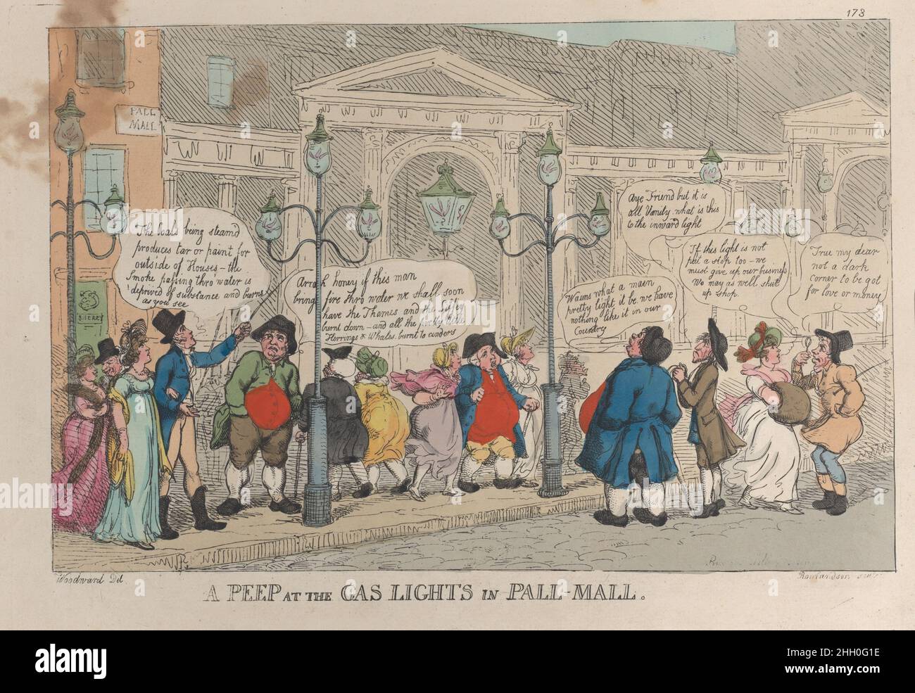 Un coup d'œil aux lumières à gaz dans Pall-Mall 23 décembre 1809 Thomas Rowlandson des hommes et des femmes ici marchent le long de Pall Mall, émerveillé par un nouveau type d'éclairage.En 1802, le gaz de charbon a commencé à être utilisé dans les ateliers d'éclairage et les usines.En 1807, un Allemand appelé Winsor a soulevé £50 000 pour égayer Pall Mall dans une spéculation qui a échoué.Les flammes triples, appelées flambeaux, sont vues ici scintillent devant un écran élégant de colonnes que Nash a construit pour le Prince Regent.Une PEP aux Gas Lights à Pall-Mall.Thomas Rowlandson (britannique, Londres 1757–1827 Londres).23 décembre 1809.Menton de la couleur de la main Banque D'Images
