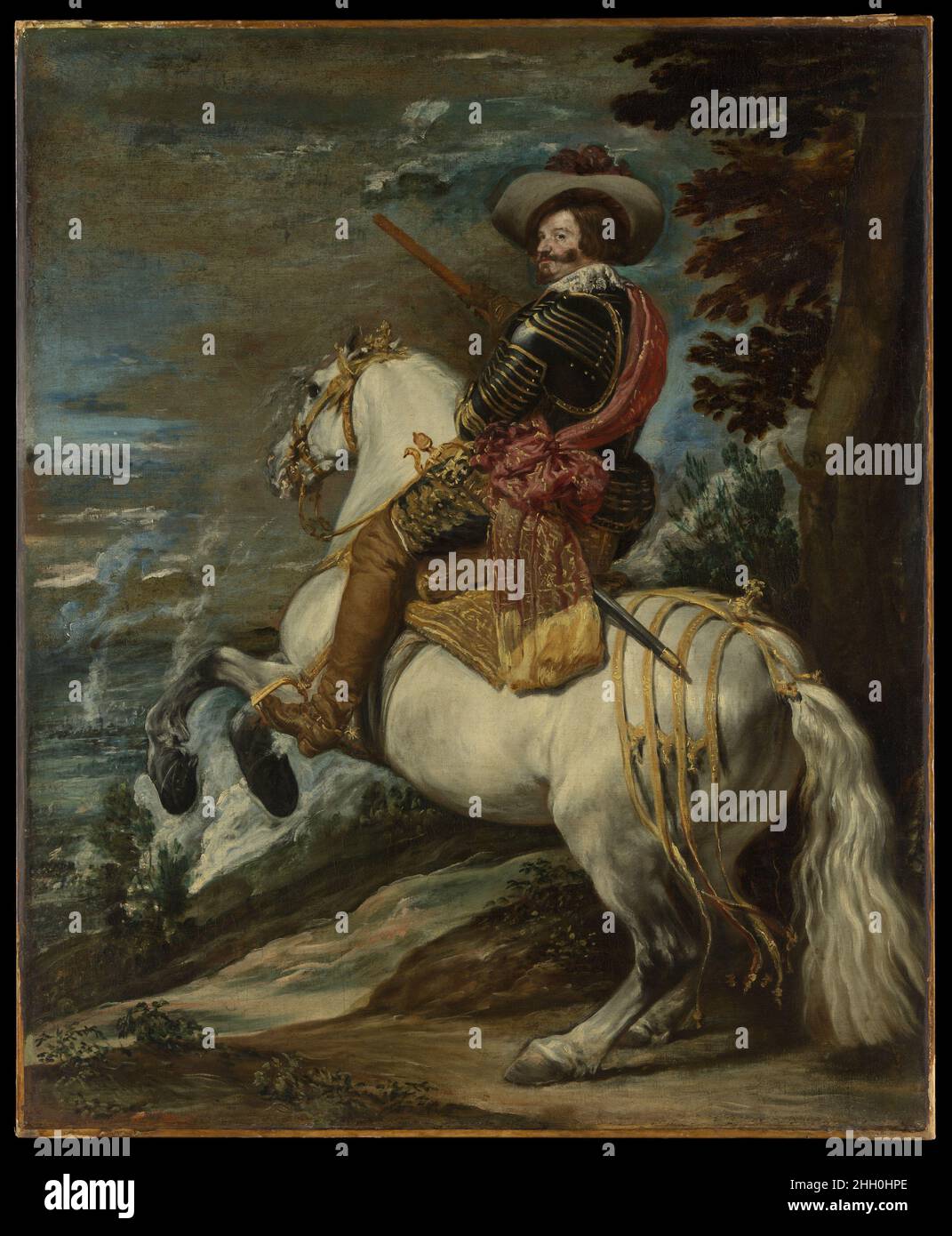 Don Gaspar de Guzmán (1587-1645), comte-duc d'Olivares ca.1636 ou plus tard attribué à Velázquez (Diego Rodríguez de Silva y Velázquez) Espagnol entre 1621 et 1643, le Comte-duc d’Olivares fut le puissant Premier ministre de Philip IV.Cette photo est soit un modèle préliminaire, soit une variante réduite d'un grand portrait équestre du comte-duke (Prado, Madrid), peint peut-être en célébration d'une victoire sur les Français à la ville frontalière de Fuenterrabía en 1638.En pleine armure et tenant un bâton, il est montré comme un commandant victorieux.Son cheval tient une position de dressage connue sous le nom de levade.th Banque D'Images