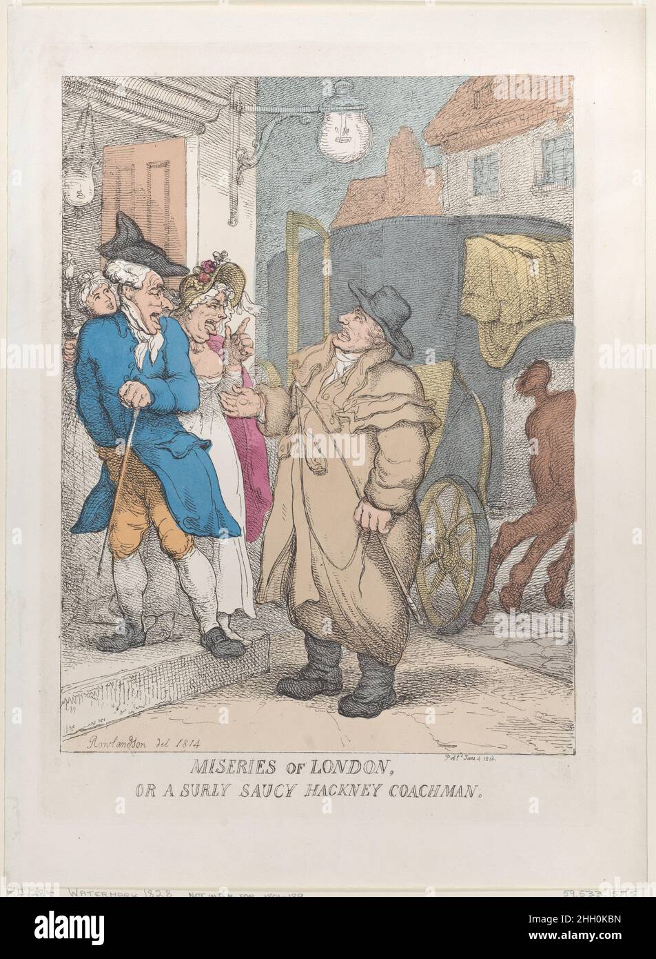 Miseries de Londres, ou un sursaut Saucy Hackney Coachman 4 juin 1814 Thomas Rowlandson Un cachman ébourichement déçu se tient devant une maison la nuit, et tient sa main pour des pièces supplémentaires.À gauche, un couple se tient dans leur porte se faufilant sur lui, l'homme avec sa main dans sa poche.Miseries de Londres, ou un sursaut Saucy Hackney Coachman.Thomas Rowlandson (britannique, Londres 1757–1827 Londres).4 juin 1814.Gravure à la main; réimpression.Imprime Banque D'Images