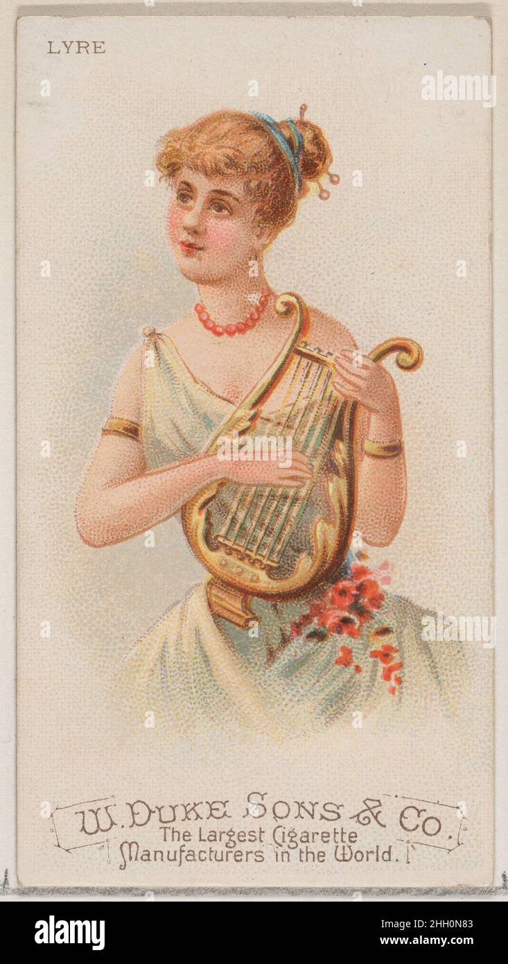Lyre, de la série instruments de musique (N82) pour les cigarettes de marque Duke 1888 émises par W. Duke, Sons & Co. American Trade Cards de la série « instruments de musique » (N82), émises en un jeu de 50 cartes en 1888 pour promouvoir les cigarettes de marque W. Duke Sons & Co.Lyre, de la série instruments de musique (N82) pour les cigarettes de marque Duke.1888. Lithographie couleur commerciale.Publié par W. Duke, Sons & Co. (New York et Durham, N.C.) Banque D'Images