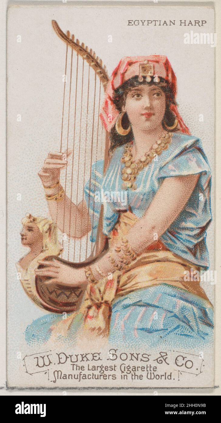 Egyptian Harp, de la série instruments de musique (N82) pour les cigarettes de marque Duke 1888 émises par W. Duke, Sons & Co. American Trade Cards de la série « instruments de musique » (N82), émises dans un jeu de 50 cartes en 1888 pour promouvoir les cigarettes de marque W. Duke Sons & Co..Egyptian Harp, de la série instruments de musique (N82) pour les cigarettes de marque Duke.1888. Lithographie couleur commerciale.Publié par W. Duke, Sons & Co. (New York et Durham, N.C.) Banque D'Images