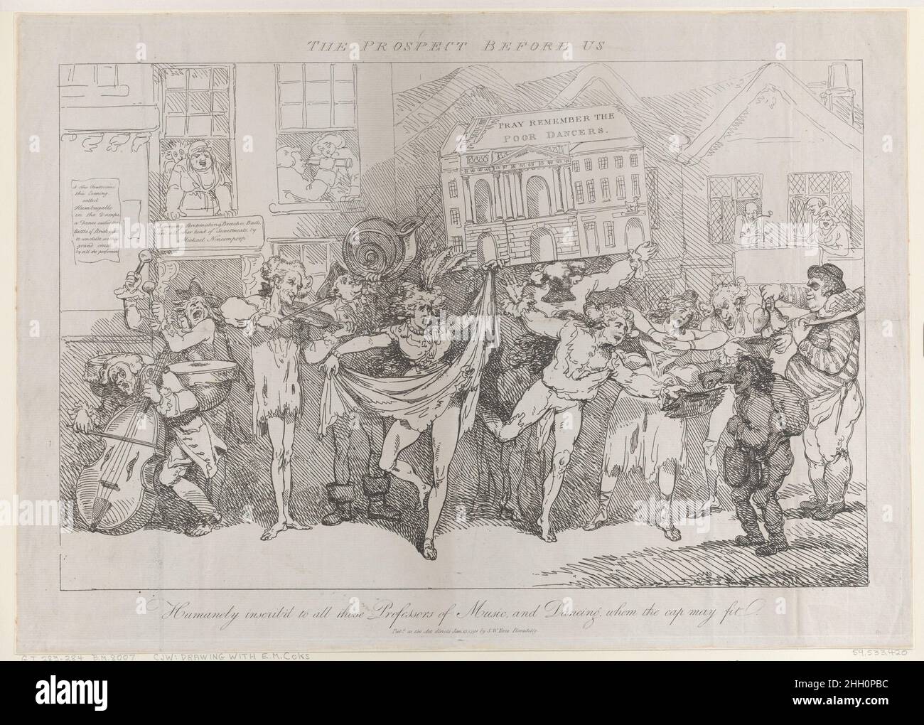 La perspective devant nous, Humanely Insbercer'd à tous les professeurs de musique et de danse que le Cap Mai Fit 13 janvier 1791 Thomas Rowlandson British décrit les difficultés des danseurs et musiciens italiens,Causé par la démolition du théâtre Drury Lane et la construction subséquente de l'Opéra à Haymarket, les conduisant à faire un appel public à la charité.Une des figures porte un modèle du nouveau théâtre.La perspective devant nous, Humanely Inscricer'd à tous les professeurs de musique et de danse que le Cap Mai Fit.Thomas Rowlandson (Britannique, Londres 1757–1827 Londres Banque D'Images