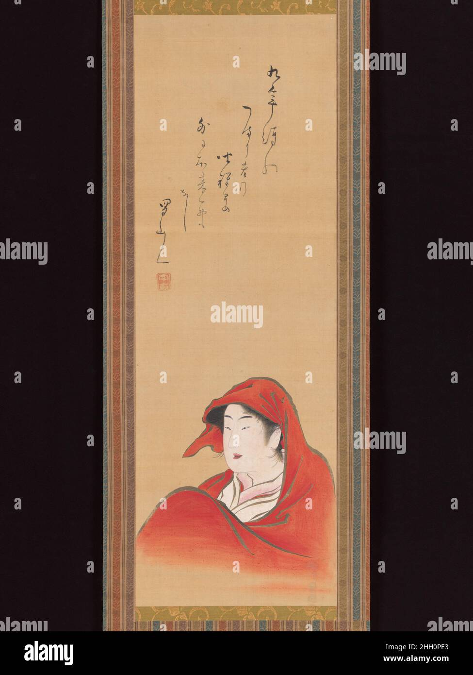 Courtesan comme Daruma ca.1800; inscription ca.1810 attribué à Utagawa Toyoharu à première vue on suppose que c'est une peinture d'une belle jeune femme dans un cape rouge et un auvent,Mais quiconque connaît l'histoire de la peinture bouddhiste en Asie de l'est reconnaîtra qu'elle évoque également des associations avec l'imagerie traditionnelle de Bodhidharma, le fondateur légendaire du bouddhisme Chan (Zen), qui est également souvent représenté avec un cloak rouge similaire.La peinture ici, non signée mais très probablement par le maître Utagawa Toyoharu, est destinée comme une représentation parodique d'un courtesan Yoshiwara.Mise en plan visuelle de pièce Banque D'Images