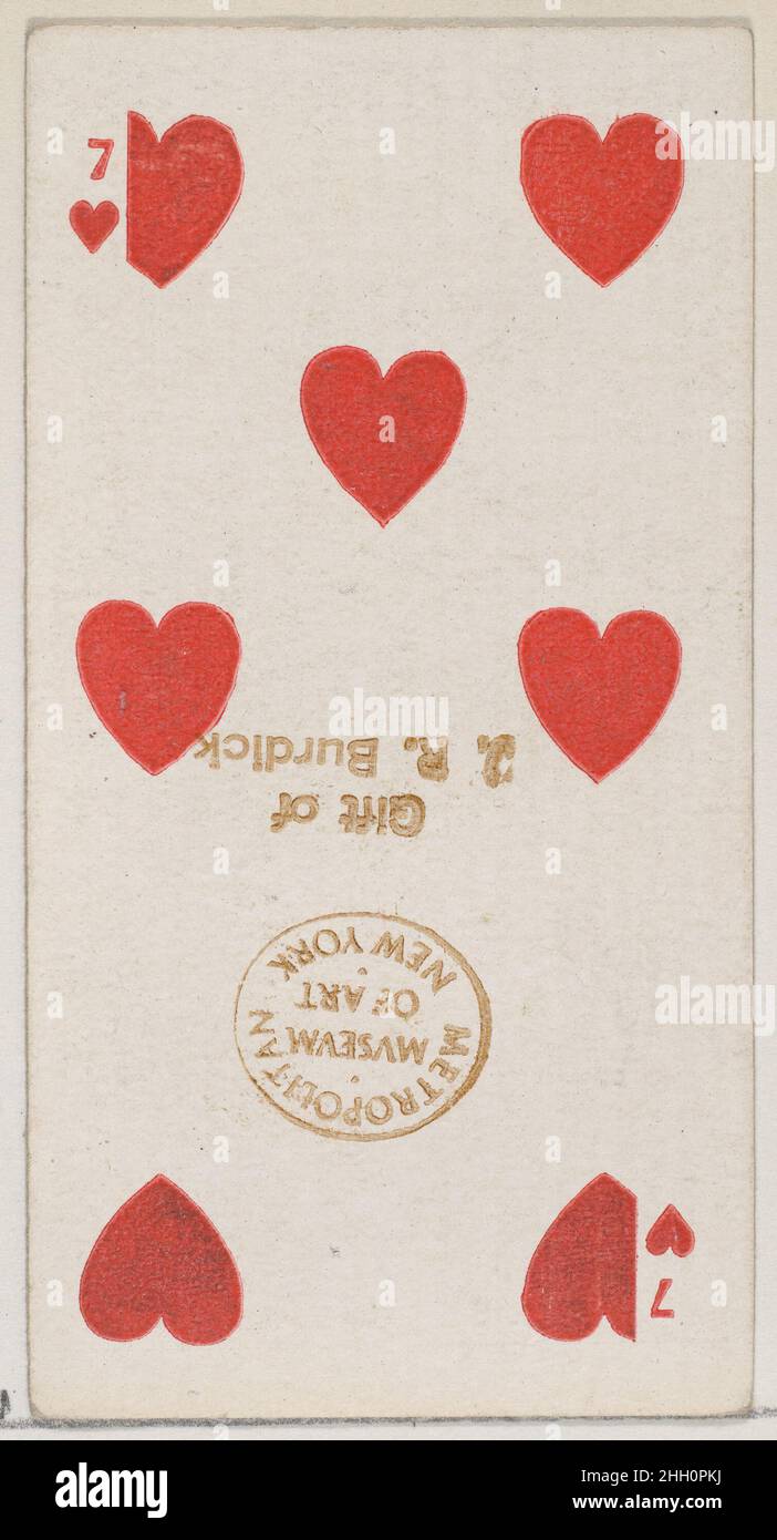 Seven Hearts (rouge), de la série de cartes à jouer (N84) pour les cigarettes de marque Duke 1888 émises par W. Duke, Sons & Co. American Trade Cards de la série de cartes à jouer (N84), émises dans un jeu de 53 cartes en 1888 pour promouvoir les cigarettes de marque W. Duke Sons & Co.Les versos affichent un motif fleuri abstrait assorti.Le Joker et l'As des pique présentent une annonce pour les cigarettes de marque Duke.Outre les cigarettes de Duke, le même jeu de cartes à jouer a également été libéré pour promouvoir les cigarettes turques Cross Cut.Seven Hearts (rouge), de la série de cartes à jouer (N84) pour les cigarettes de marque Duke.1888. Comm Banque D'Images