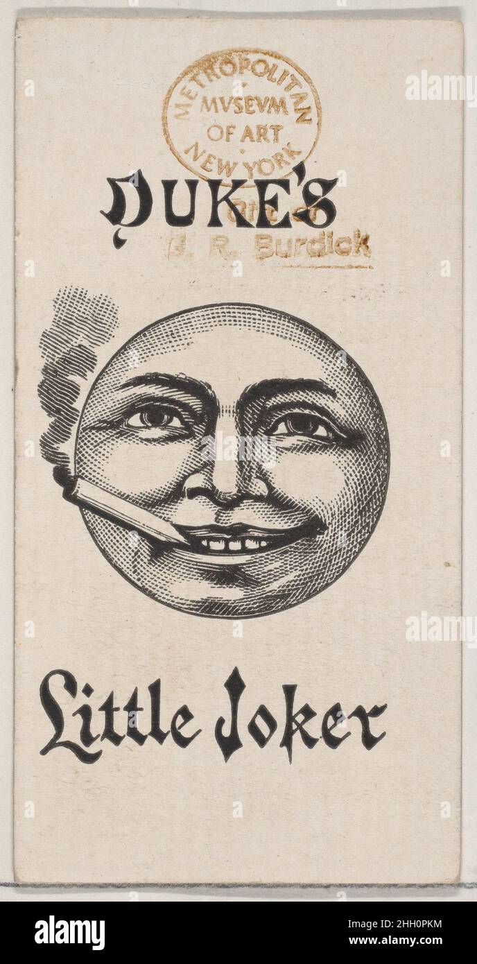 Duke's Little Joker, de la série de cartes à jouer (N84) pour les cigarettes de marque Duke 1888 émises par W. Duke, Sons & Co. American Trade Cards de la série de cartes à jouer (N84), émises dans un jeu de 53 cartes en 1888 pour promouvoir les cigarettes de marque W. Duke Sons & Co.Les versos affichent un motif fleuri abstrait assorti.Le Joker et l'As des pique présentent une annonce pour les cigarettes de marque Duke.Outre les cigarettes de Duke, le même jeu de cartes à jouer a également été libéré pour promouvoir les cigarettes turques Cross Cut.Duke's Little Joker, de la série de cartes à jouer (N84) pour les cigarettes de marque Duke.1888. COM Banque D'Images