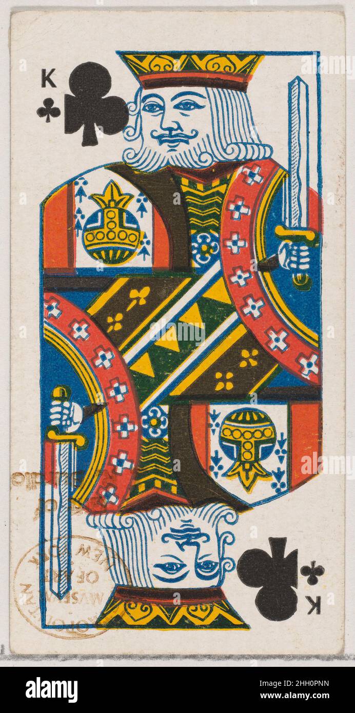 King of Clubs (noir), de la série de cartes à jouer (N84) pour les cigarettes de marque Duke 1888 émises par W. Duke, Sons & Co. American Trade Cards de la série de cartes à jouer (N84), émises dans un jeu de 53 cartes en 1888 pour promouvoir les cigarettes de marque W. Duke Sons & Co.Les versos affichent un motif fleuri abstrait assorti.Le Joker et l'As des pique présentent une annonce pour les cigarettes de marque Duke.Outre les cigarettes de Duke, le même jeu de cartes à jouer a également été libéré pour promouvoir les cigarettes turques Cross Cut.King of Clubs (noir), de la série de cartes à jouer (N84) pour les cigarettes de marque Duke.1888. Banque D'Images