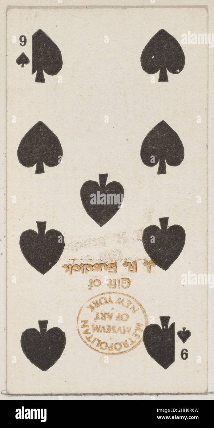 Nine Spades (noir), de la série de cartes à jouer (N84) pour les cigarettes de marque Duke 1888 émises par W. Duke, Sons & Co. American Trade Cards de la série de cartes à jouer (N84), émises dans un jeu de 53 cartes en 1888 pour promouvoir les cigarettes de marque W. Duke Sons & Co.Les versos affichent un motif fleuri abstrait assorti.Le Joker et l'As des pique présentent une annonce pour les cigarettes de marque Duke.Outre les cigarettes de Duke, le même jeu de cartes à jouer a également été libéré pour promouvoir les cigarettes turques Cross Cut.Neuf pique (noir), de la série de cartes à jouer (N84) pour les cigarettes de marque Duke.1888. COM Banque D'Images