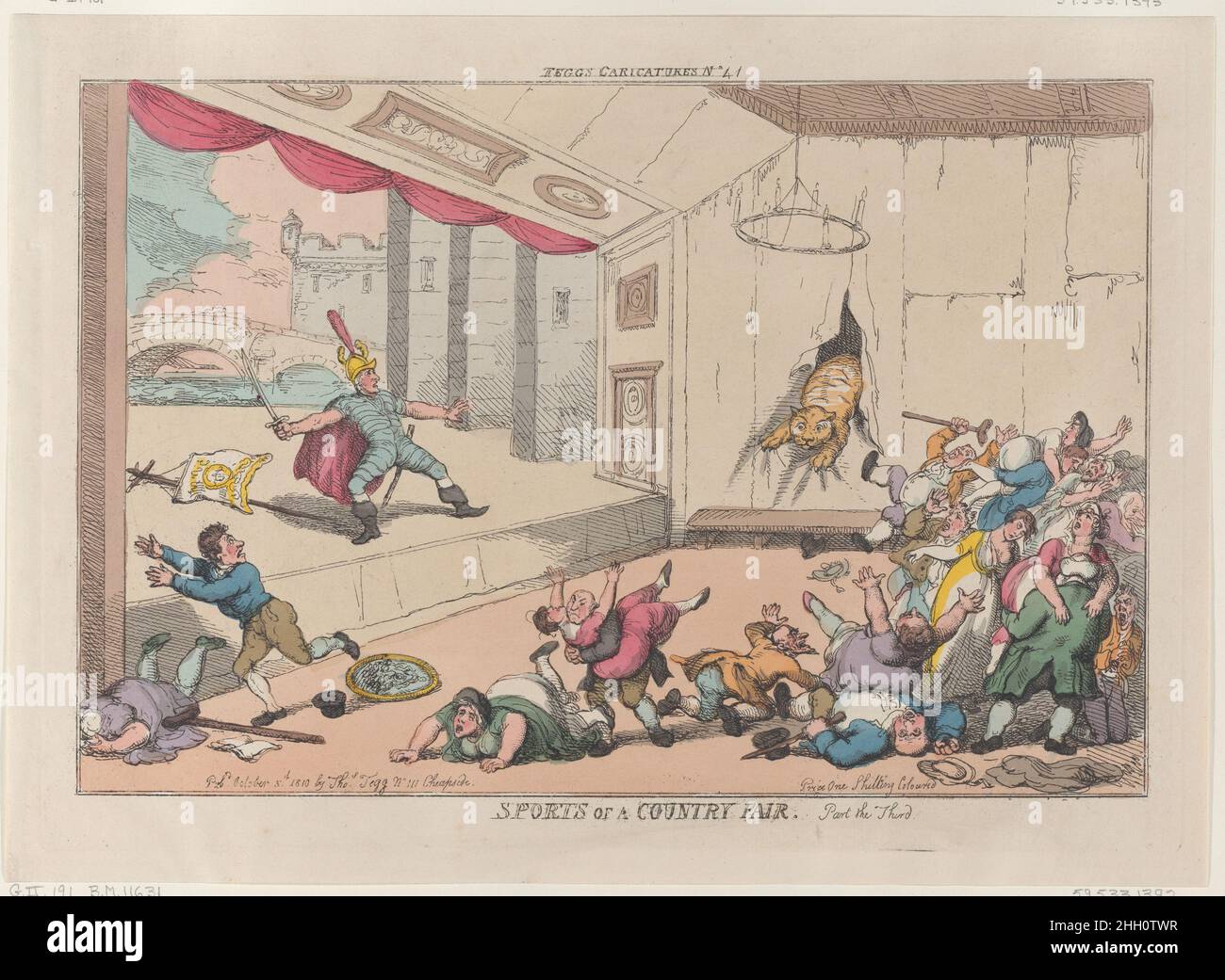 Sports of a Country Fair, partie le troisième octobre 5, 1810 Thomas Rowlandson Un tigre éclate à travers le mur de toile d'une tente théâtrale, et le public s'enfuit dans la terreur.Les sports d'une foire de campagne, partie la troisième.Thomas Rowlandson (britannique, Londres 1757–1827 Londres).5 octobre 1810.Gravure à la main.Thomas Tegg (Grande-Bretagne, 1776–1846).Imprime Banque D'Images