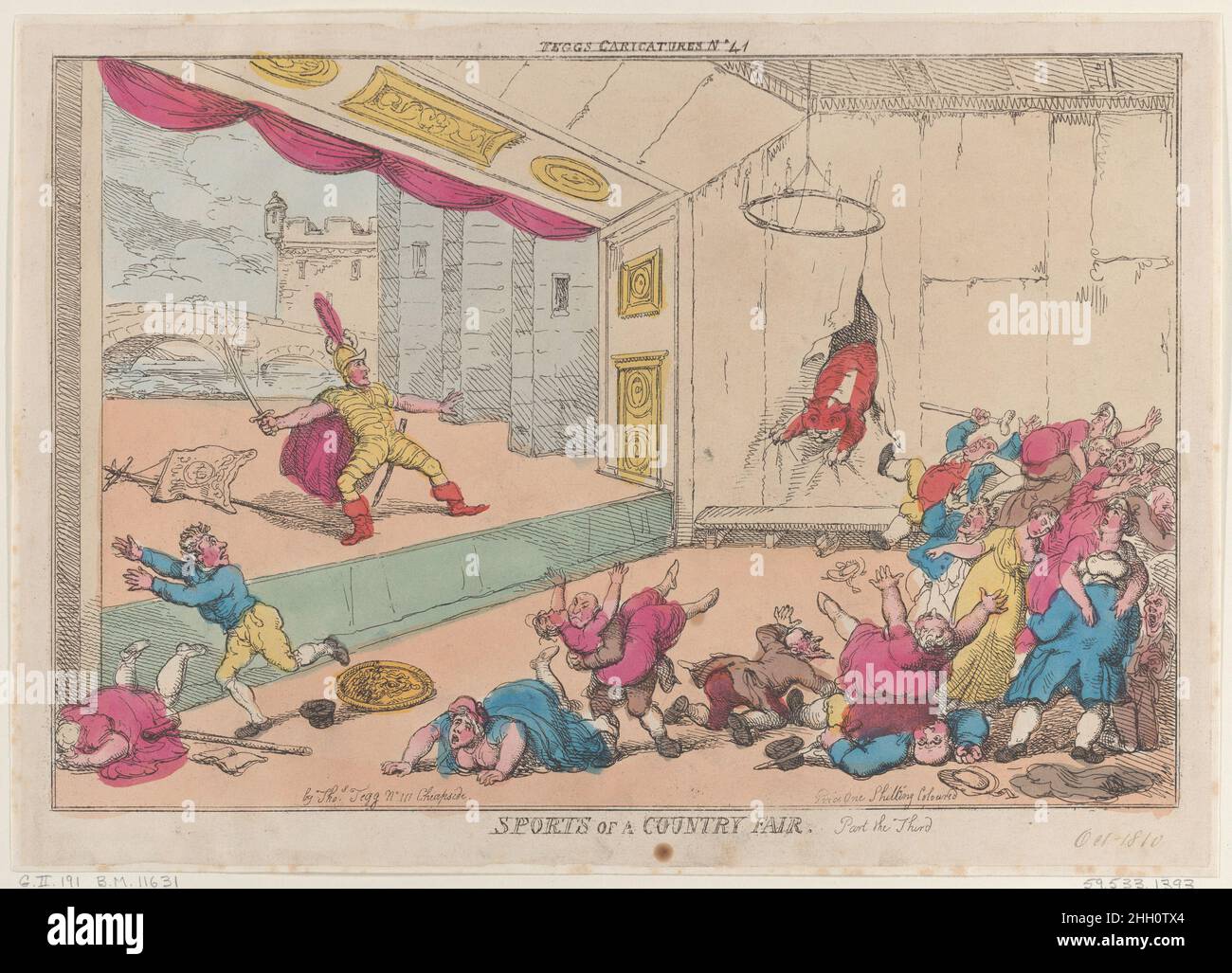 Sports of a Country Fair, partie le troisième octobre 5, 1810 Thomas Rowlandson Un tigre éclate à travers le mur de toile d'une tente théâtrale, et le public s'enfuit dans la terreur.Les sports d'une foire de campagne, partie la troisième.Thomas Rowlandson (britannique, Londres 1757–1827 Londres).5 octobre 1810.Gravure à la main.Thomas Tegg (Grande-Bretagne, 1776–1846).Imprime Banque D'Images