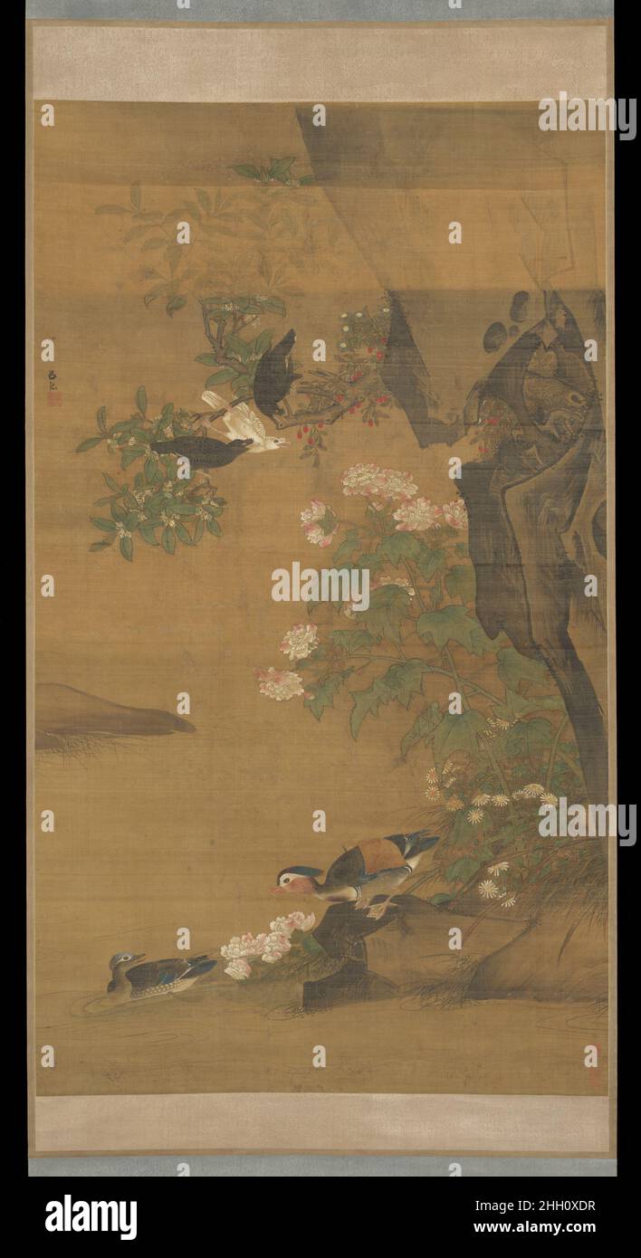 Canard mandarin et hibiscus rose coton fin 15th siècle Lü Ji Chinois Grand, coloré et éblouissant, ce tableau démontre pourquoi Lü Ji est devenu le peintre d'oiseaux et de fleurs le plus vénéré à la cour de l'empereur Ming Hongzhi (r.1488–1505).Accrochée dans un palais, cette œuvre aurait ajouté une touche de pizzéze, éclairant l'espace intérieur avec la vitalité du monde naturel.Comme la plupart des peintures de Lü, celle-ci a également une dimension symbolique : la paire de canards mandarin au premier plan évoque un mariage heureux, tandis que les fleurs environnantes forment des rebonds (puns visuels) qui soulignent les mès Banque D'Images