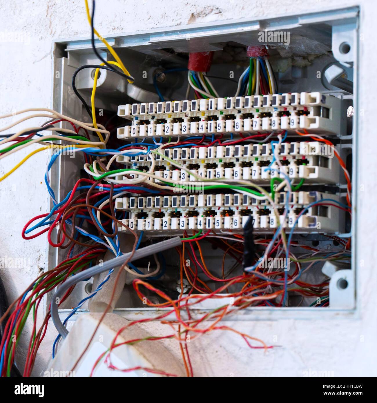 Ouvrez le boîtier de raccordement avec des fils en saillie, préparés pour le montage et la connexion des câbles de téléphone et d'ordinateur.Mise au point sélective Banque D'Images