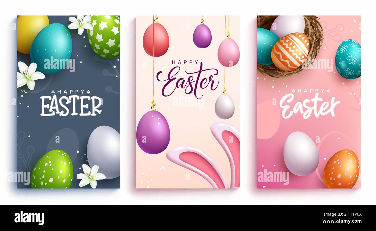 Ensemble d'affiches vectorielles pour la saison des Pâques.Texte de voeux « joyeuses pâques » avec 3D imprimés aux œufs colorés et motif pour la collection de cartes de saison des fêtes. Illustration de Vecteur