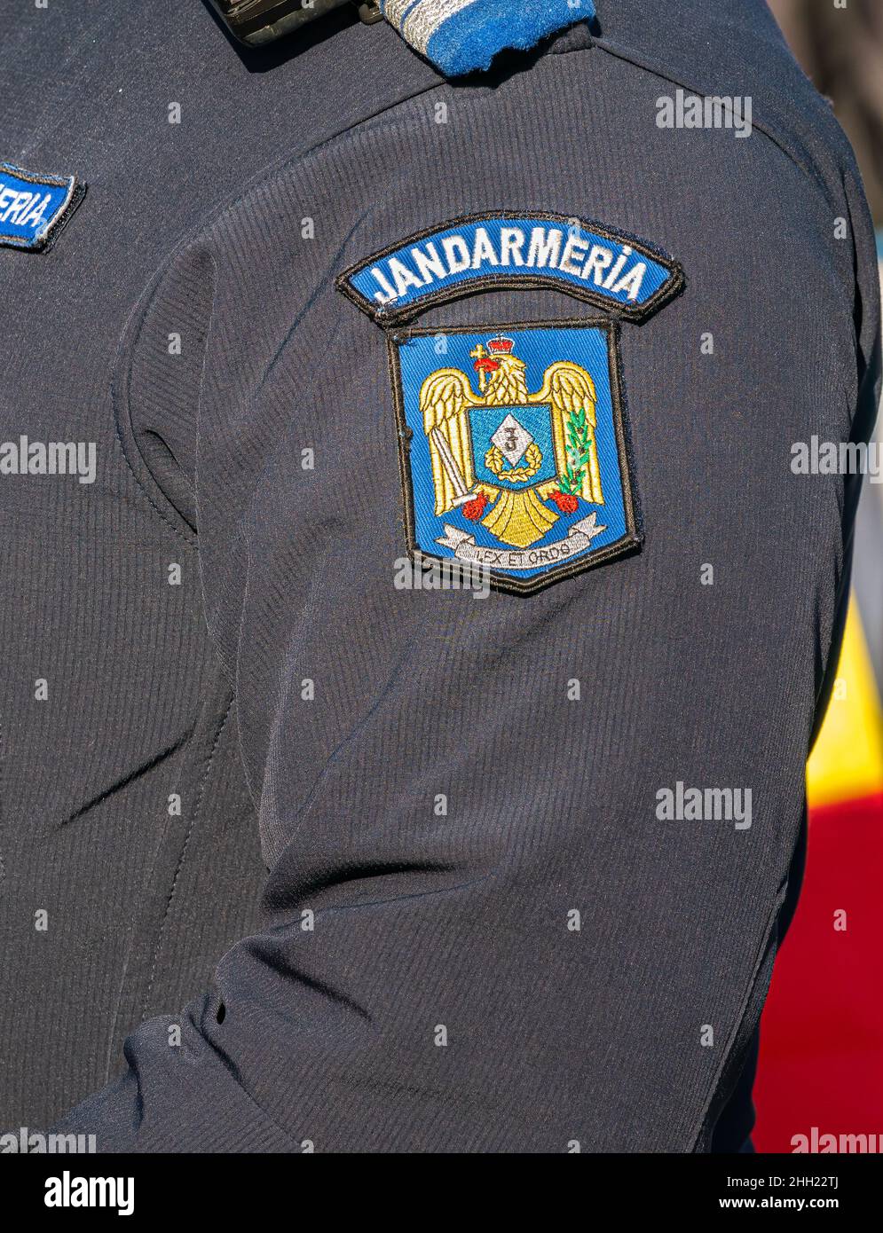 Symbole de la force nationale de gendarmerie de Roumanie sur la manche de l'uniforme Banque D'Images