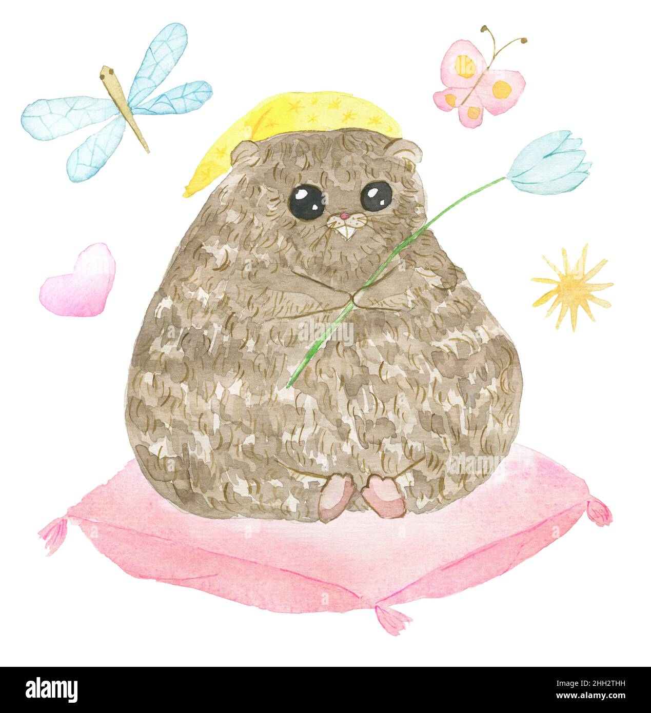 Ensemble de motifs avec adorable kawaii, animal de mandrin à bois, herbe et papillon isolé sur blanc, illustration aquarelle pour carte de vœux Happy Groundhog Day Banque D'Images