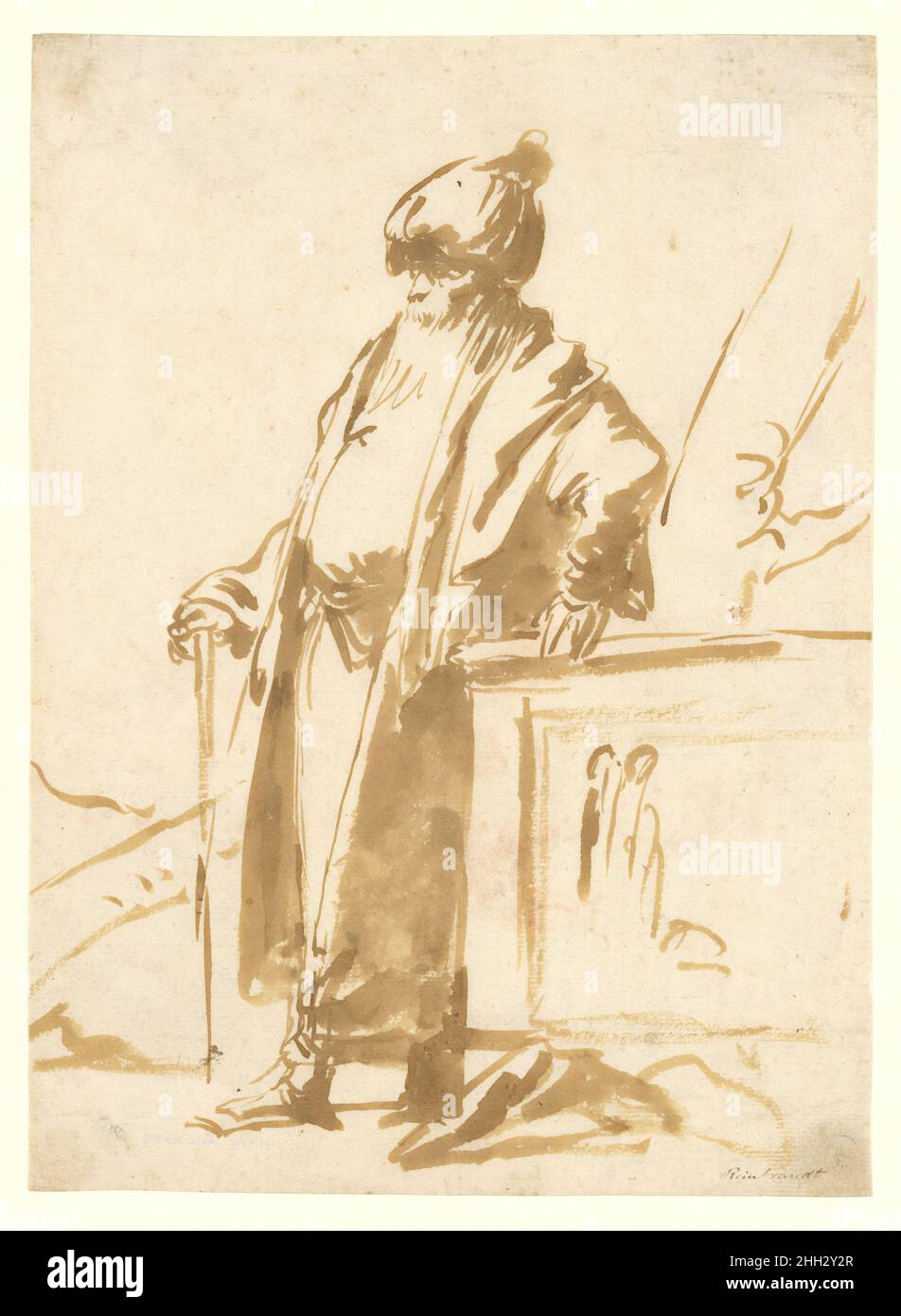 Un vieil homme en robe orientale, debout par un autel païen italien de la mi-18th au début du 19th siècle Giovanni Domenico Tiepolo.Un vieil homme en robe orientale, debout près d'un autel païen.Giovanni Domenico Tiepolo (italien, Venise 1727–1804 Venise). Mi-18th–début 19th siècle.Pointe de la brosse et encre brune.Mises en plan Banque D'Images