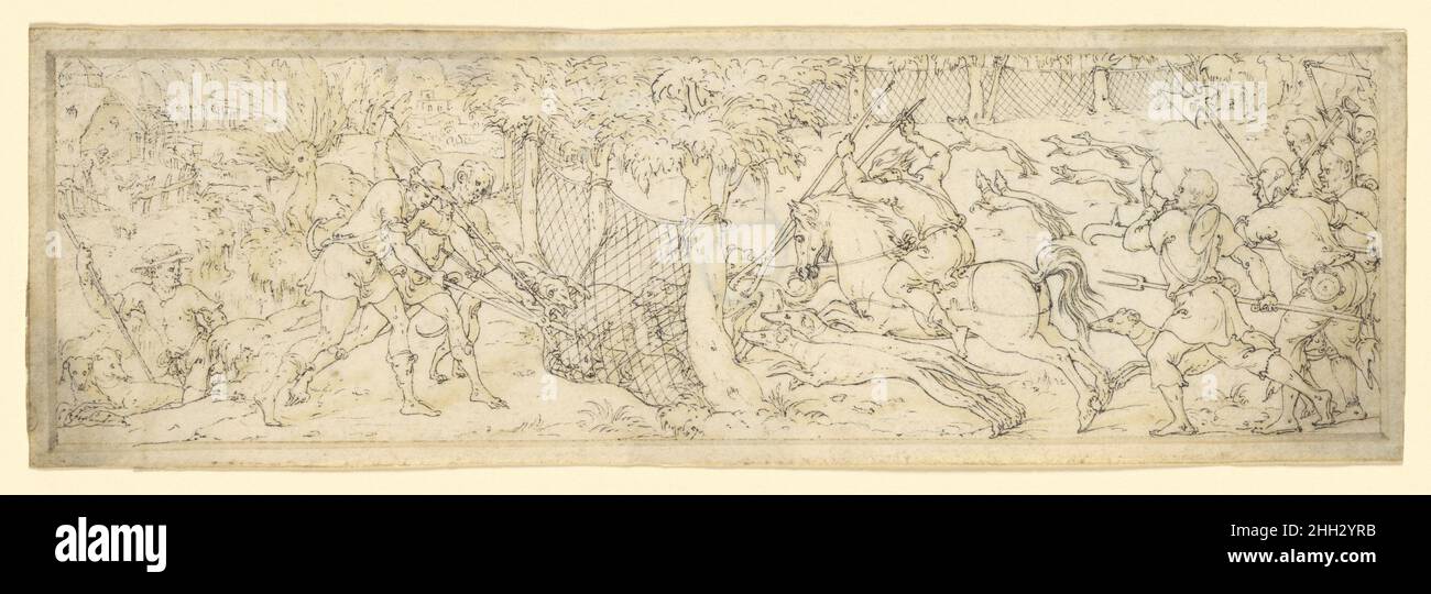 Chasse au loup deuxième demi 16th-siècle Etienne Delaune Français ce dessin est une étude préparatoire d'Etienne Delaune pour une série de six gravures, également par lui, représentant différentes scènes de chasse.La même scène est sculptée d'un côté d'un bol en cristal de roche en forme de héron, fabriqué à Florence pour commémorer le mariage du Grand-Duc Ferdinand en 1589.Chasse au loup.Etienne Delaune (français, Orléans 1518/19–1583 Strasbourg). Seconde moitié 16th siècle.Stylo et encre noire, gris foncé et marron gris, et (entre les lignes de plume du cadre illusionniste) pinceau et encre grise, sur vélin.Dessin Banque D'Images