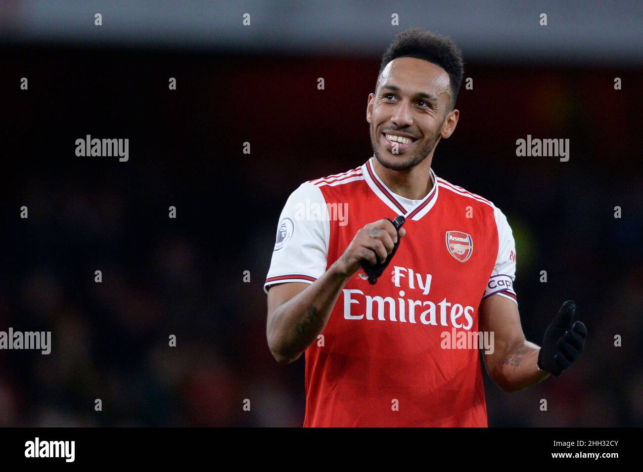 Pierre-Emerick Aubameyang d'Arsenal célèbre après le match de la Premier League entre Arsenal et Everton au stade Emirates de Londres, Royaume-Uni - 16th février 2020 Banque D'Images