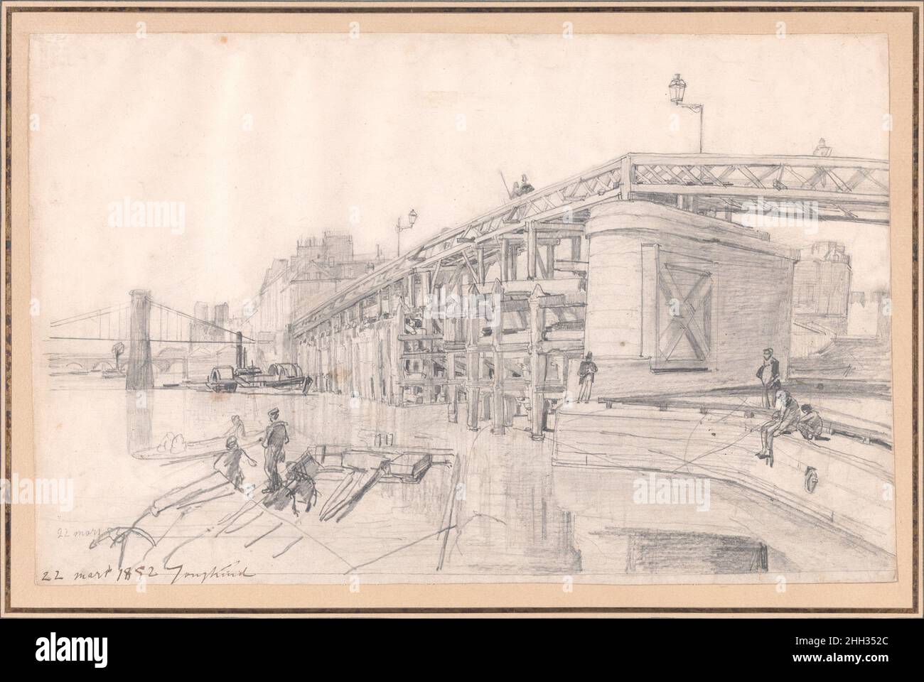 L'Estacade à Paris 1852 Johan Barthold Jongkind dans la période de 1849 à 1855, le paysage urbain parisien, en particulier les rives et ponts de la Seine, a occupé Jongkind comme sujet principal.La structure qu'il a esquissée ici est le Pont de l'Estacade, un pont reliant la rive droite à l'extrémité est de l'Ile Saint-Louis.(Plusieurs itérations du pont se tenaient à cet endroit de 1818 à 1932.)L'artiste a utilisé ce dessin comme base pour deux compositions peintes, dont une qu'il a exposée au salon de 1853, où il a été acquis par l'Etat français.L'Estacade à Paris.Joh Banque D'Images