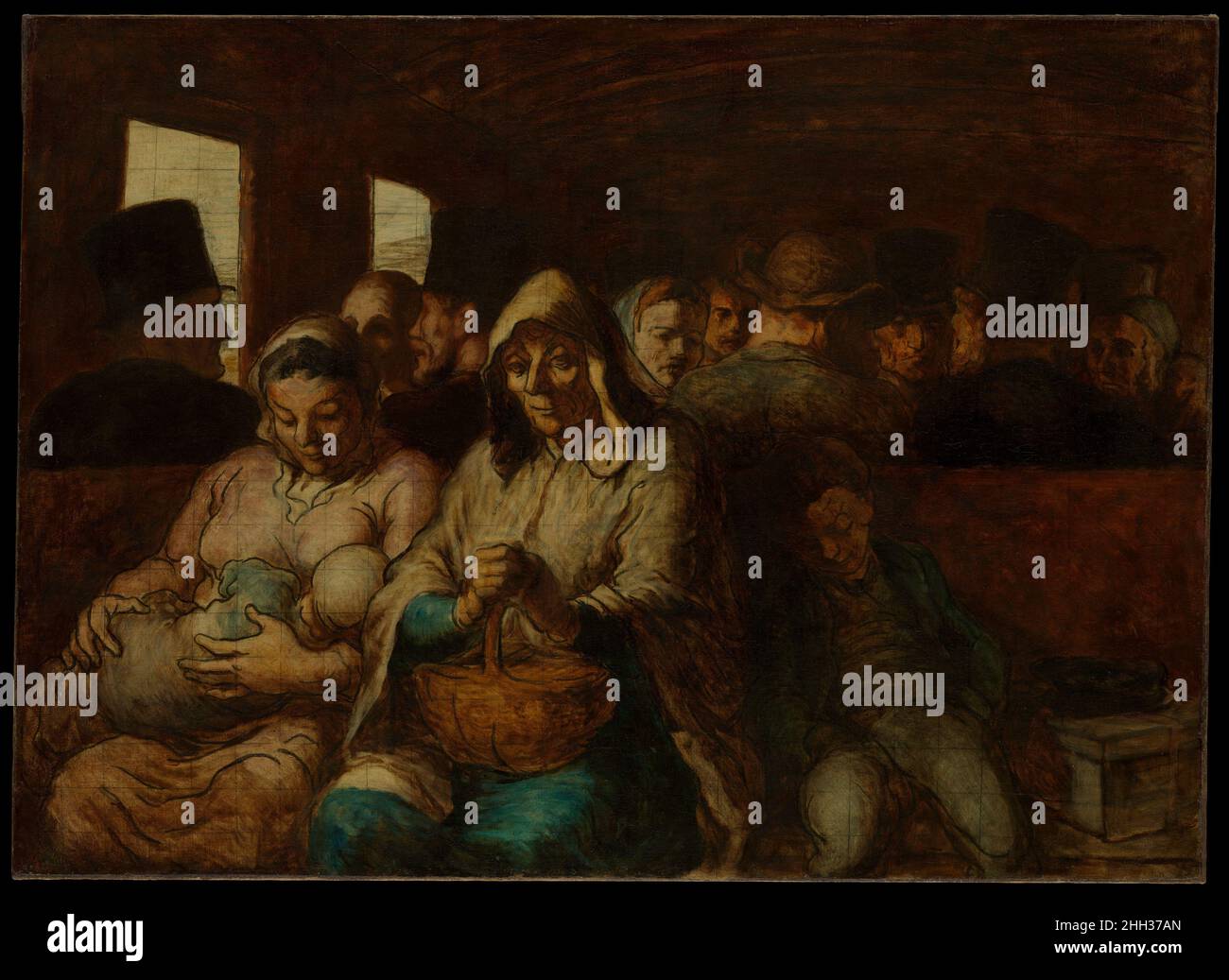 Le chariot de troisième classe ca.1862–64 Honoré Daumier Français artiste graphique et peintre, Daumier a décrit l'impact de l'industrialisation sur la vie urbaine moderne au milieu du XIXe siècle à Paris.Ici, il amplifie le sujet d'une lithographie faite quelques dix ans plus tôt : les difficultés et la tranquillité d'audace des voyageurs ferroviaires de troisième classe.Baignée de lumière, la mère allaitante, la femme âgée et le garçon endormi émanent d'une sérénité peu souvent associée aux transports en commun.Inachevé et carré pour le transfert, cette image correspond étroitement à une aquarelle de 1864 (Walters Art Museum, Baltimore) an Banque D'Images