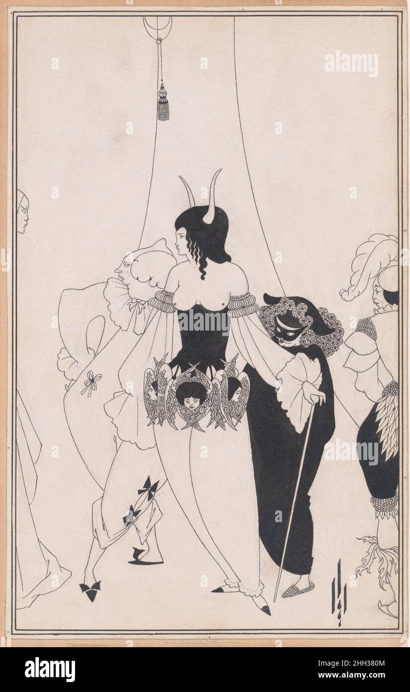 The Masque of the Red Death, for Edgar Allan PoE’s “Tales of Mystery and the imagination,” Chicago, 1895-96 1894 Aubrey Vincent Beardsley Beardsley répond ici à une histoire de PoE qui décrit un prince et ses courtisans qui la peste a pris refuge dans une abbaye.Des mois de fête culminent dans une balle masquée, marquée à minuit par l'apparition d'une « figure masquée... haute et gante, et enveloppée de la tête et des orteils dans les habiliments de la tombe ».L'image suit de près le texte de PoE mais recadre de manière innovante la forme pour suggérer l'arrivée d'une force sinistre, avec la figure moulée comme gh Banque D'Images