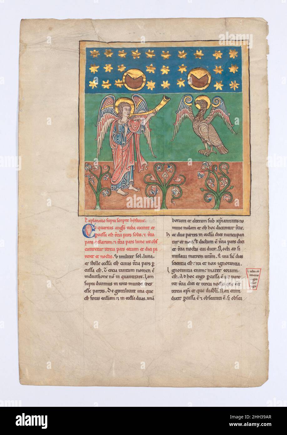 Feuille d'un manuscrit de Beatus: Le quatrième Ange sonne la trompette et un aigle pleure Woe ca.1180 manuscrits illustrés en espagnol Beatus donnent vie à une vision extraordinaire de la fin du monde, telle qu'enregistrée par Saint Jean dans l'Apocalypse (Livre de l'Apocalypse) et filtrée à travers la lentille de Beatus de Liébana, un moine asturien du huitième siècle.Ces manuscrits sont uniques à l'Espagne médiévale et témoignent de l'omniprésence de l'art et du milieu intellectuel de la culture monastique.La feuille illustrée ici provient d'un manuscrit démonté dans le 1870s.cette illustration présente deux principaux prot Banque D'Images