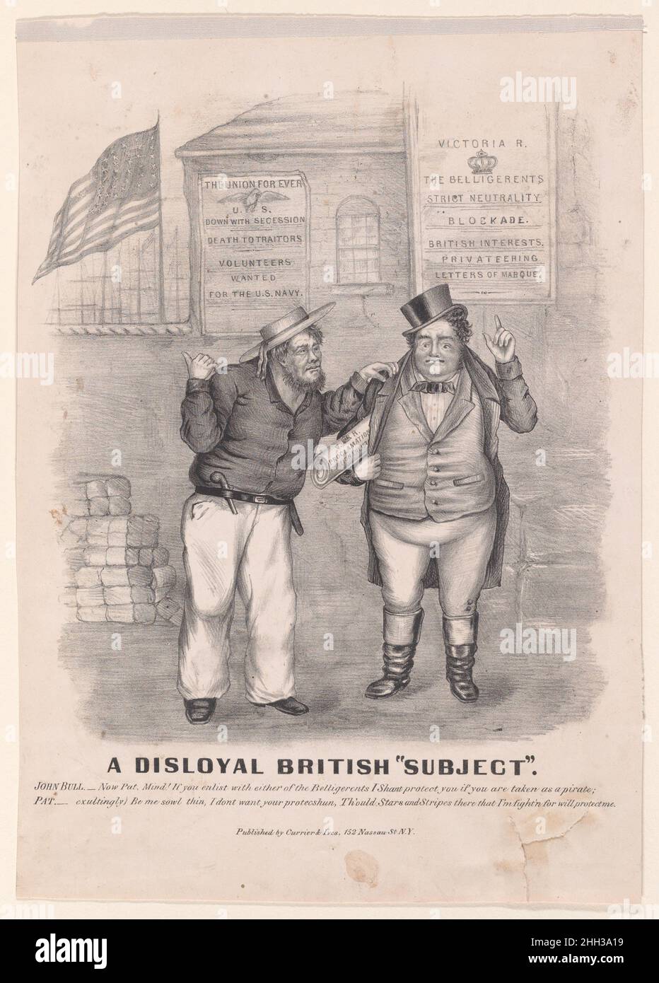 Disloyal British 'Subject' 1861–65 Currier & Ives cette satire répond à une campagne de recrutement visant des saleurs étrangers que la Marine américaine a montés pendant la guerre de Sécession.Nous voyons un Irlandais qui est tenté de s'inscrire en étant averti par John Bull, un incarnation rotund de l'Angleterre, qui lui dit qu'il va perdre la protection britannique.Les figures se tiennent près d'un quai où des navires amarrés à la distance sous un grand drapeau américain.Les affiches concurrentes sur le mur ont lu: 'L'Union pour toujours, les États-Unis, vers le bas avec la sécession, la mort aux traîtres, les volontaires voulaient pour la marine des États-Unis' et ' Victoria R., T Banque D'Images
