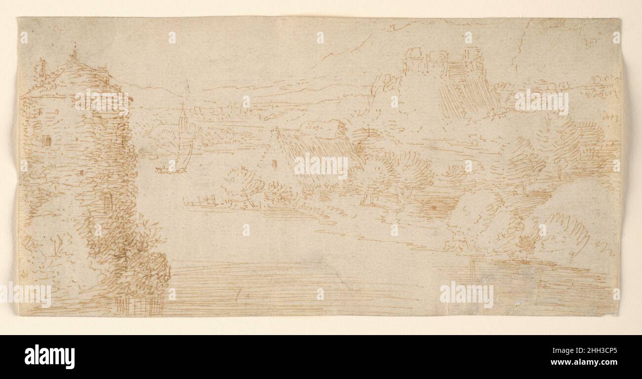 Paysage de rivière ca.1600 les dessins récents de Jaques Saverij Jaques Saverij imitèrent et imitèrent Pieter Breugel l'aîné (1525/30-1569) si bien qu'ils furent souvent identifiés comme l'œuvre de Breugel lui-même.Paysage de rivière est un de ces croquis.Bien que semblable aux paysages de montagne de Breugel en 1559-61, la feuille Lehman se rapporte à la fois dans le style et le sujet des gravures de Saverij, et date probablement d'environ 1600.Les dessins de Saverij de l’époque sont plus modélisés que compatibles avec la technique précise et pourtant souple de Breugel.Paysage de la rivière.Jaques Saverij (Courtrai (Kor Banque D'Images