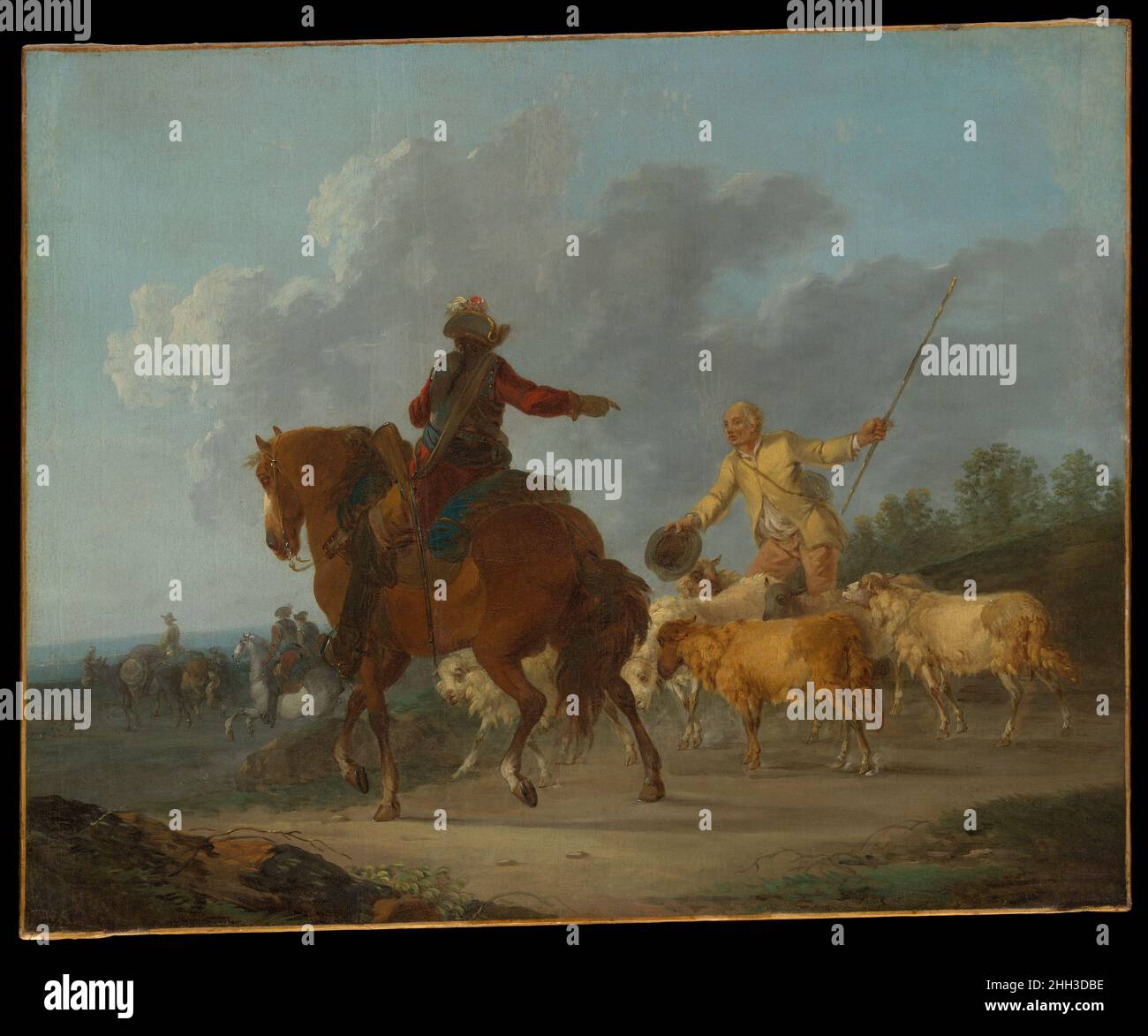 Cavalier et Shepherd Francesco Casanova Italian Un cavalier à cheval échange des informations avec un berger dont les bras se gestuelle de façon expressive.L'artiste s'est formé à Venise, mais a trouvé sa voix à Paris en étudiant avec le peintre de bataille Charles Parrocel (1688–1752) et en regardant une génération antérieure de maîtres hollandais qui se sont spécialisés dans ces matières.Comme son frère, le célèbre auteur et râteau Giacomo (1725–1798), Casanova a passé un temps important à voyager entre les tribunaux européens et a joui d'une réputation internationale au cours de sa vie.Cavalier et Shepherd.Francesco Casanova (Ital Banque D'Images