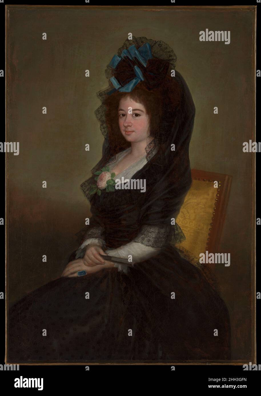 Narcisa Barañana de Goicoechea attribué à Goya (Francisco de Goya y Lucientes) Espagnol ce tableau est apparu pour la première fois en 1900, lorsqu'il a été prêté à la grande exposition Goya de Madrid comme pendentif à un portrait du mari du sitter, Juan Bautista de Goicoechea y Urrutia.Juan Bautista a été nommé ministre de la guerre à Ferdinand VII en 1815 et dans son portrait (maintenant dans le Staatliche Kunsthalle, Karlesruhe) porte l'ordre de Charles III, reçu la même année.Il était apparemment en relation avec Gumersinda Goicoechea, qui épousa Javier, le fils de Goya, en 1805.Notre portrait peut avoir Banque D'Images