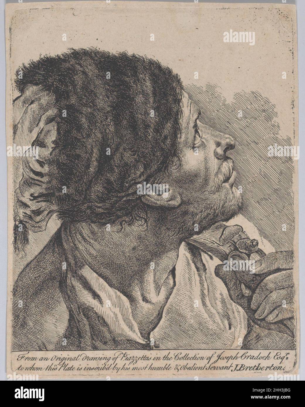 Homme dans un chapeau de fourrure tenant un mousquet, regardant vers le haut; d'après Giovanni Battista Piazzetta 1770–80 James Bretherton British.Homme dans un chapeau de fourrure tenant un mousquet, regardant vers le haut; d'après Giovanni Battista Piazzetta.James Bretherton (britannique, actif de 1750 à 99).1770–80.Gravure.Imprime Banque D'Images