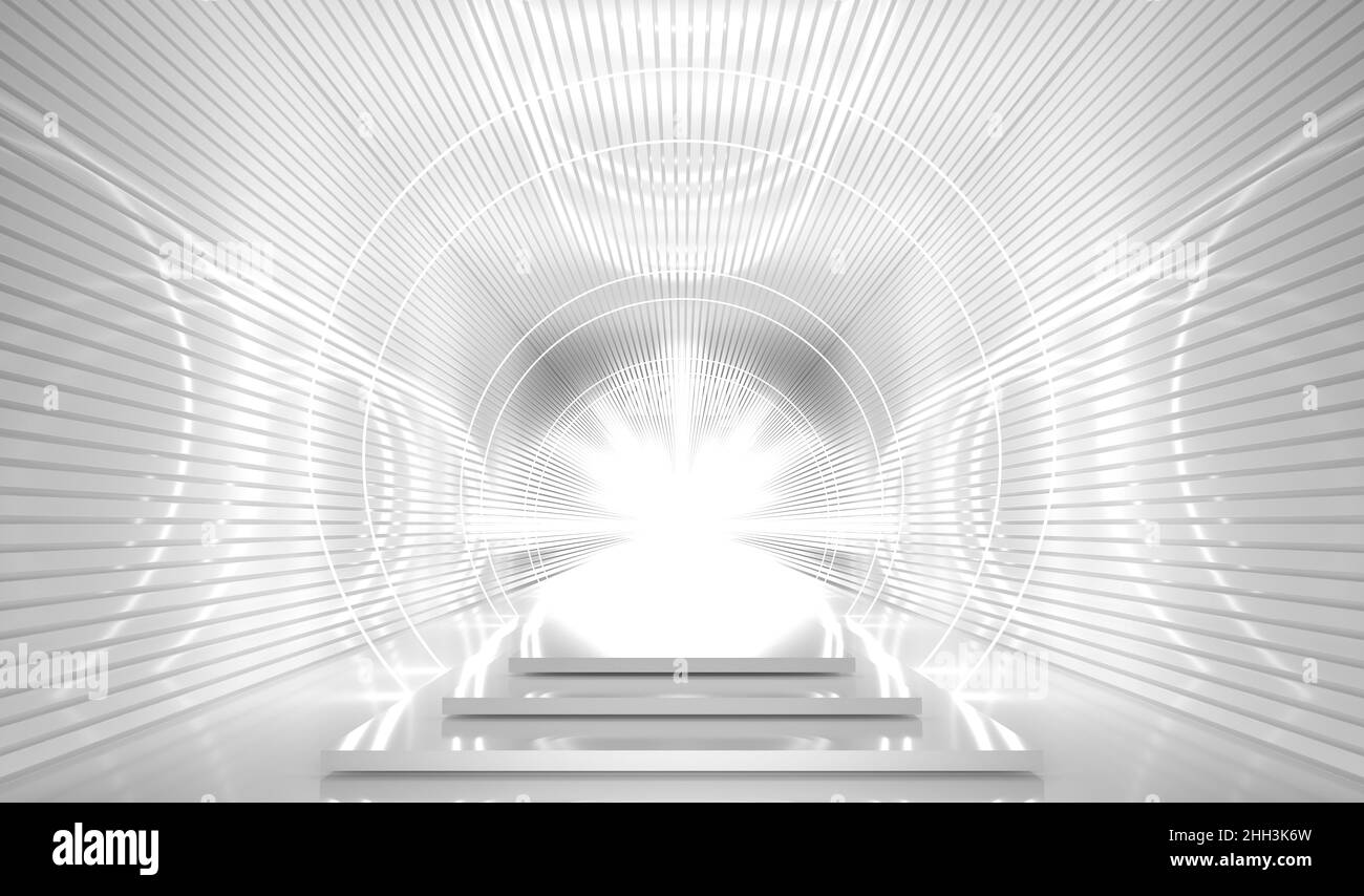 Tunnel blanc vide Podium Abstract Background.Scène de salle à réflexion lumineuse ronde futuriste SCI Fi.3D rendu Banque D'Images