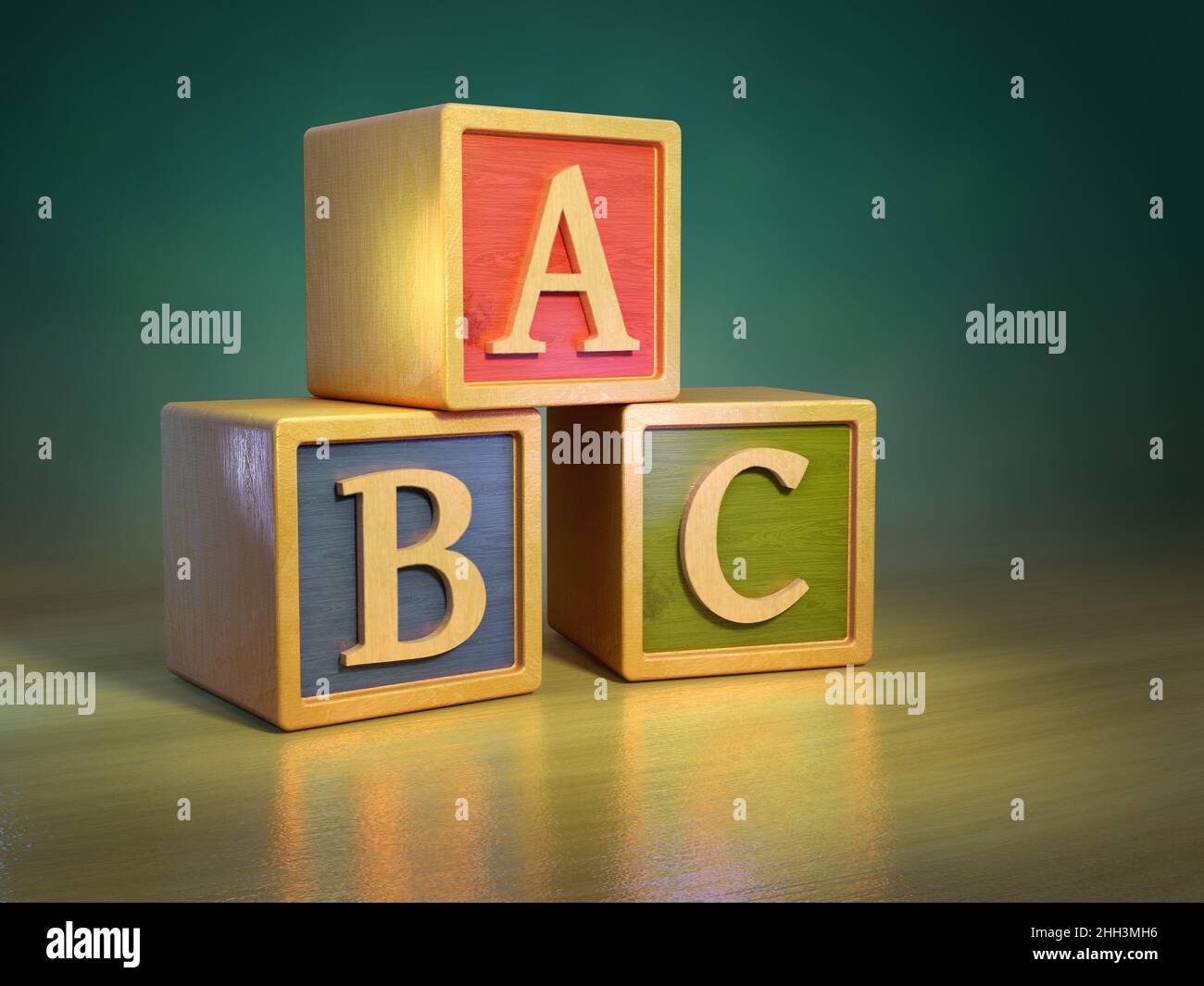 Blocs de bois avec les trois premières lettres de l'alphabet.Illustration numérique. Banque D'Images