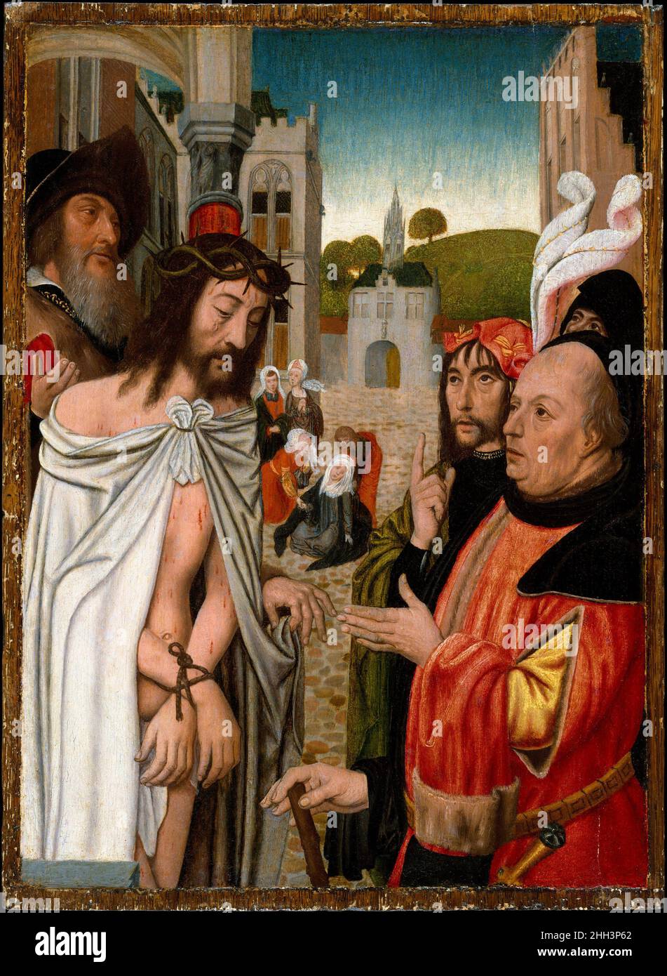 Christ montré au peuple 1510–15 Jan Mostaert Netherlandish peut-être partie d'un diptyque, le panneau dépeint Pilate présentant le Christ aux Hébreux pour jugement.En accord avec sa fonction de dévotion, Mostaert place les figures principales près du plan de l'image, en les montrant seulement à moitié de longueur.Le dialogue des mains et l'insertion de la Vierge, qui s'est évanouie dans le chagrin, entre les figures de premier plan, contribuent à la force expressive.Christ montré au peuple 437168 Banque D'Images