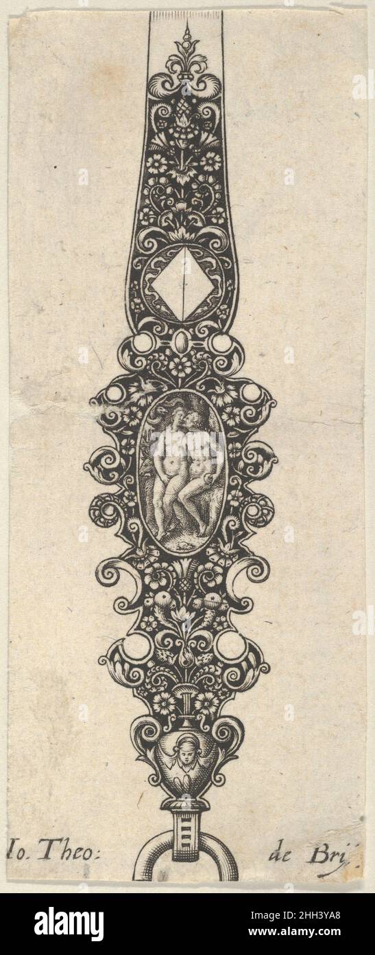 Pendentif Design avec Adam et Eve, de des Pendants de Cleffs pour les femmes 1580–1600 Johann Theodor de Bry Netherlandish pendentif ornemental avec Adam et Eve, avec Adam tenant le fruit à droite et le serpent à gauche, contenu dans un ovale au centre.Le chantage environnant contient divers motifs floraux et un vase avec un masque femelle au fond.D'une série de cinq plaques.Pendentif Design avec Adam et Eve, de des Pendants de Cleffs pour les femmes.Des Pentifs de Cleff pour les femmes.Johann Theodor de Bry (pays-Bas, Strasbourg 1561–1623 Bad Schwalbach).1580–1600.Ang Banque D'Images