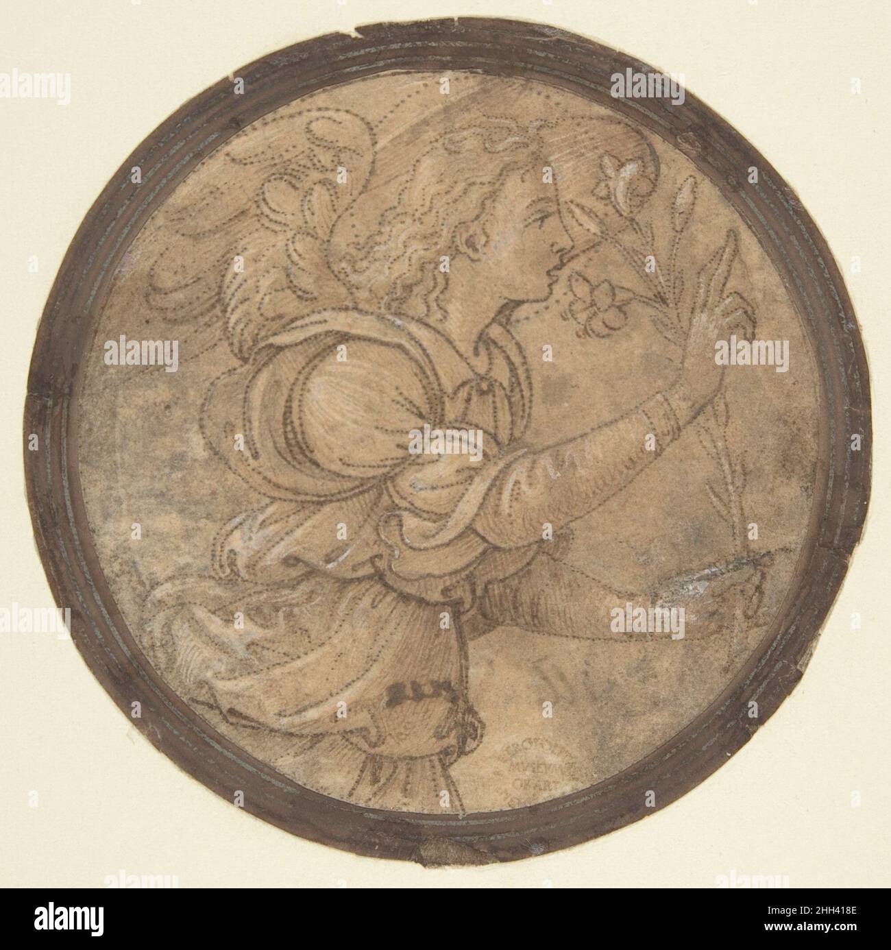 L'Ange de l'Annonciation (dessin animé pour une broderie) 1466–1524 Raffaellino del Garbo (également connu sous le nom de Raffaelle de' Capponi et Raffaelle de' Carli) Italien Maître designer pour les broderies de la Renaissance, Raffaellino del Garbo était un élève de Filippino Lippi (ca.1457-1504) et un dessinateur doué.Acheté par le Musée de New York en 1912 comme une œuvre de Filippino Lippi , cette délicate caricature (dessin à grande échelle) était l'un des nombreux modèles de Raffaellino pour les figures brodées: Les lignes de contour intérieur et extérieur de cette étude étaient en fait soigneusement piquées pour le transfert.AG Banque D'Images