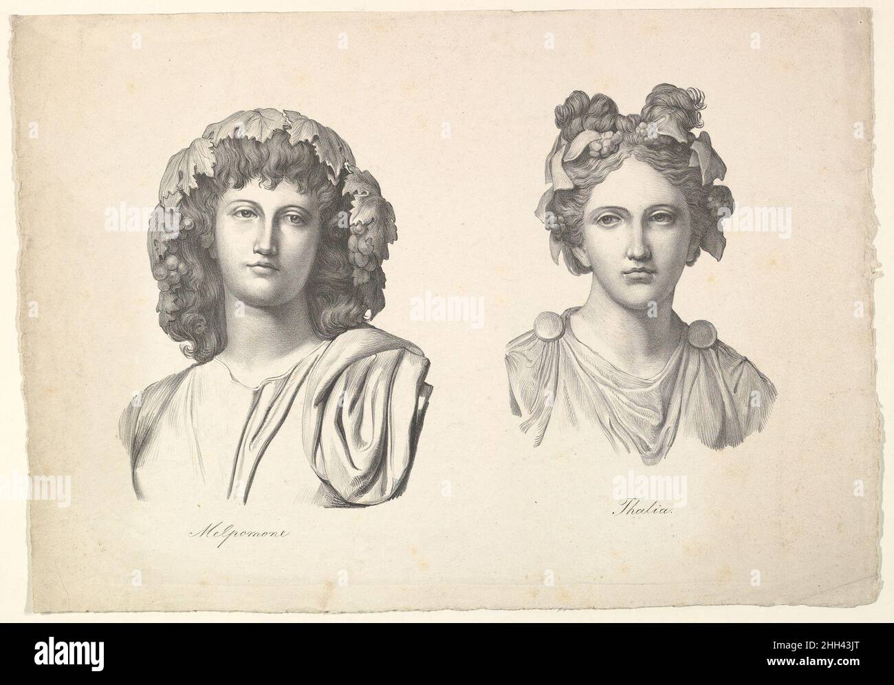 Melpomene et Thalia 1823–26 Johann Gottfried Schadow German.Melpomene et Thalia 383941 artiste: Johann Gottfried Schadow, allemand, Berlin 1764?1850 Berlin, Melpomene et Thalia, 1823?26,Lithographie, feuille: 13 5/8 x 19 5/16 po.(34,6 x 49,1 cm).Metropolitan Museum of Art, New York.A. Hyatt Mayor Purchase Fund, Marjorie Phelps Starr Bequest, 2008 (2008,484) Banque D'Images