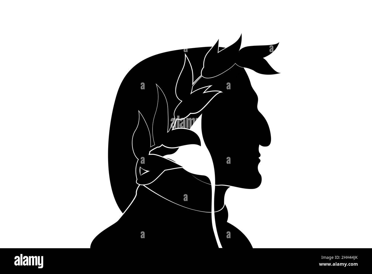 L'écrivain italien poète concept, Dante vector dessin animé noir portrait silhouette, icône Renaissance, conception de logo culturel isolé sur fond blanc Illustration de Vecteur