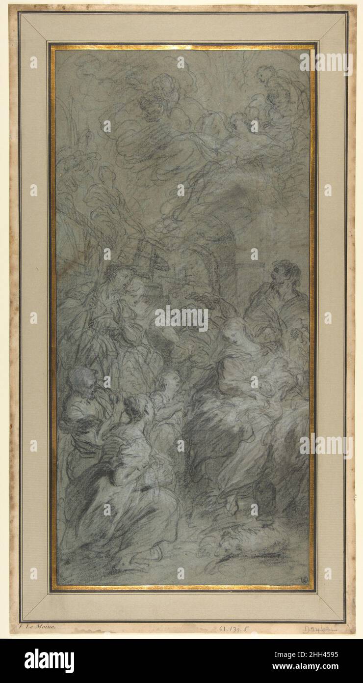 L'adoration des bergers 1720–21 François le Moyne Français dans ce dessin compositionnel pour un retable, un tableau éblouissant de marques et de lignes tourbillonnantes exprime l'admiration qui défie la scène paisible de la nativité.Une lumière apaisante, rendue avec des touches douces de craie blanche, émane du nouveau-né Christ enfant.L'adoration des bergers 337674 Banque D'Images