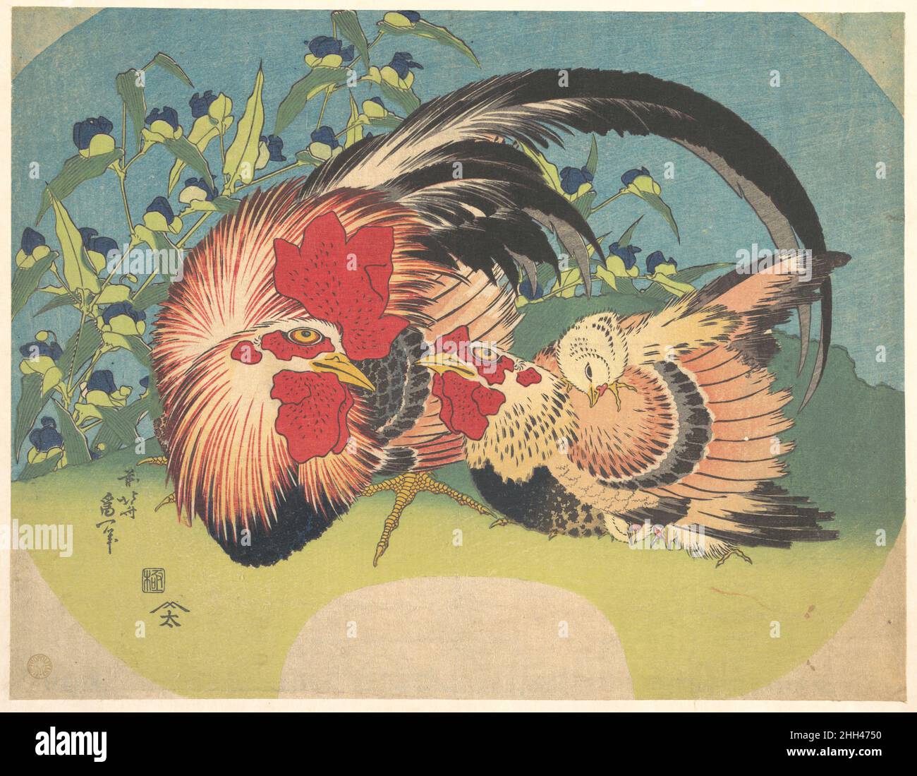 Coq, Hen et poulet avec Spiderwort ca.1830–33 Katsushika Hokusai Japonais pendant sa période Iitsu, Hokusai a souvent présenté des fleurs et des oiseaux dans les imprimés qu'il a produits pour les fans.Cette image représente une famille de poulets regroupés avec affection dans un champ de teiderwort en fleurs, ou tsuyukusa.La palette brillante affiche la richesse de Hokusai pour des couleurs vives et intenses.Coq, Hen et poulet à l'épidermotte 54305 Banque D'Images