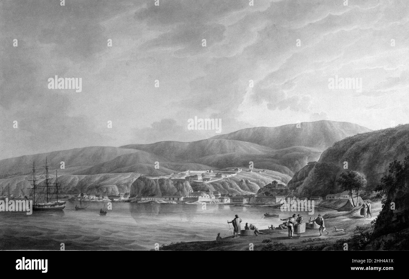 MALASPINA , ALEJANDRO.MARINO ITALIANO .1754 - 1809.EXPEDICION CIENTIFICA 1789 - 1794.CHILI .' VISTA DE LA CIUDAD Y PUERTO DE VALPARAISO '.DIBUJO DE JOSE DEL POZO.MUSEO NAVAL .MADRID. Banque D'Images