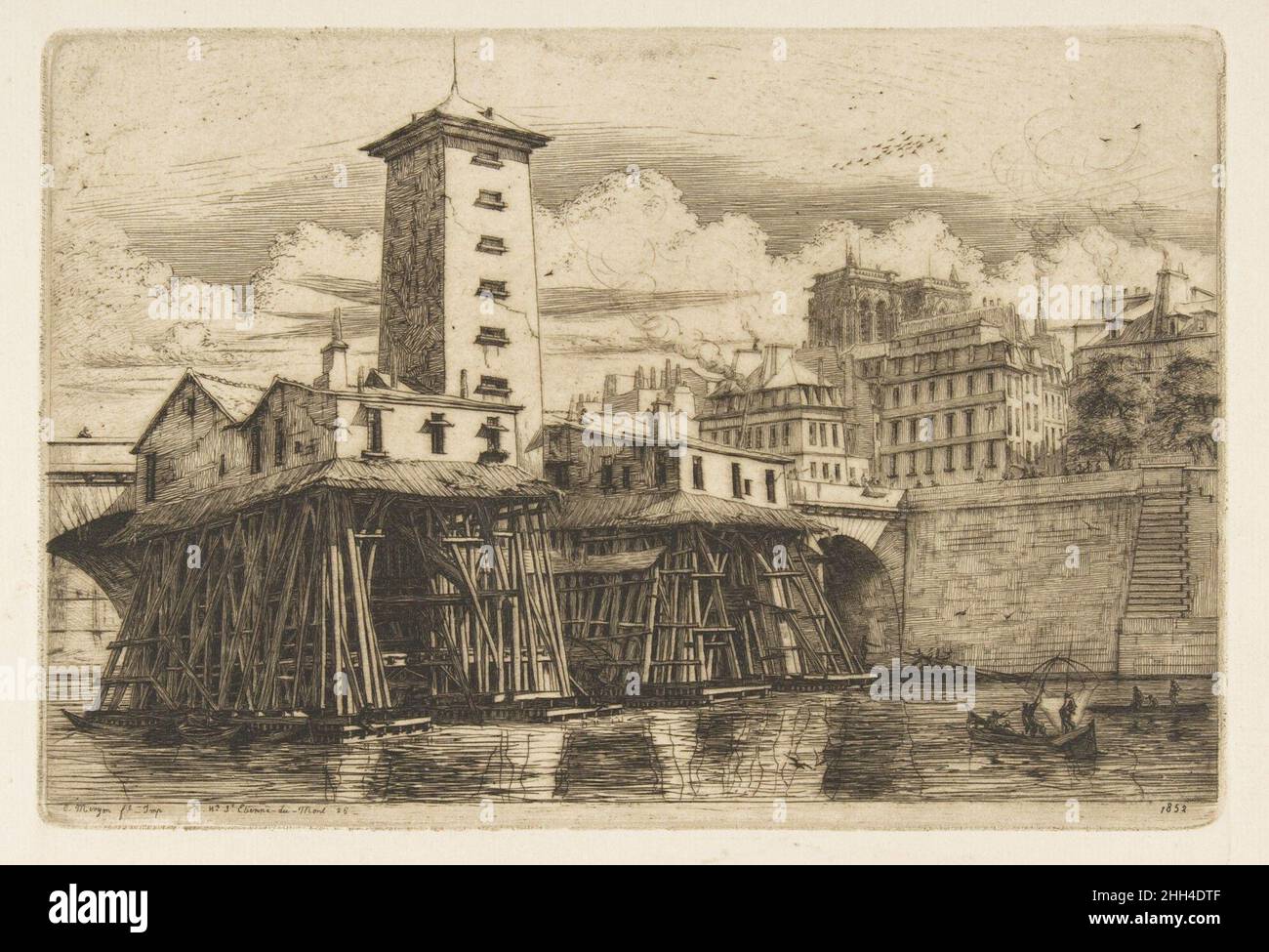 La pompe notre-Dame, Paris 1852 Charles Meryon Français la démolition de la pompe à eau sur le pont notre-Dame, commandée par le gouvernement municipal de Paris en 1851, a encouragé Meryon à choisir l'ancienne structure comme sujet de gravure l'année suivante.Dans le cadre du plan mis en place par l'empereur Napoléon III pour améliorer les infrastructures de la ville, le système d'approvisionnement en eau a été remanié, ce qui a fait fonctionner cette pompe du XVIIe siècle.Meryon écrivit en 1853 son regret de sa destruction, parce que la pompe avait été une « chose inhabituelle et curieuse » dans une ville qui devenait « plus régulière et plus régulière ». Banque D'Images