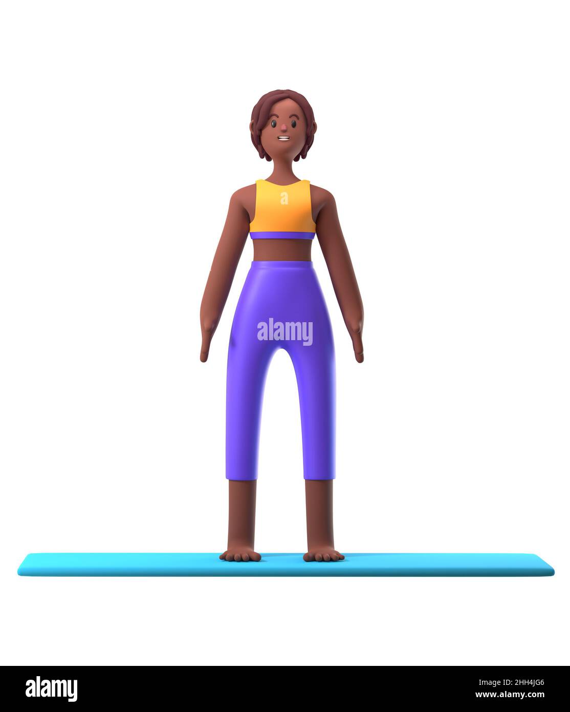 Yoga fille en position debout sur fond blanc, caricature femelle 3D charcter faisant du yoga, 3D illustration Banque D'Images