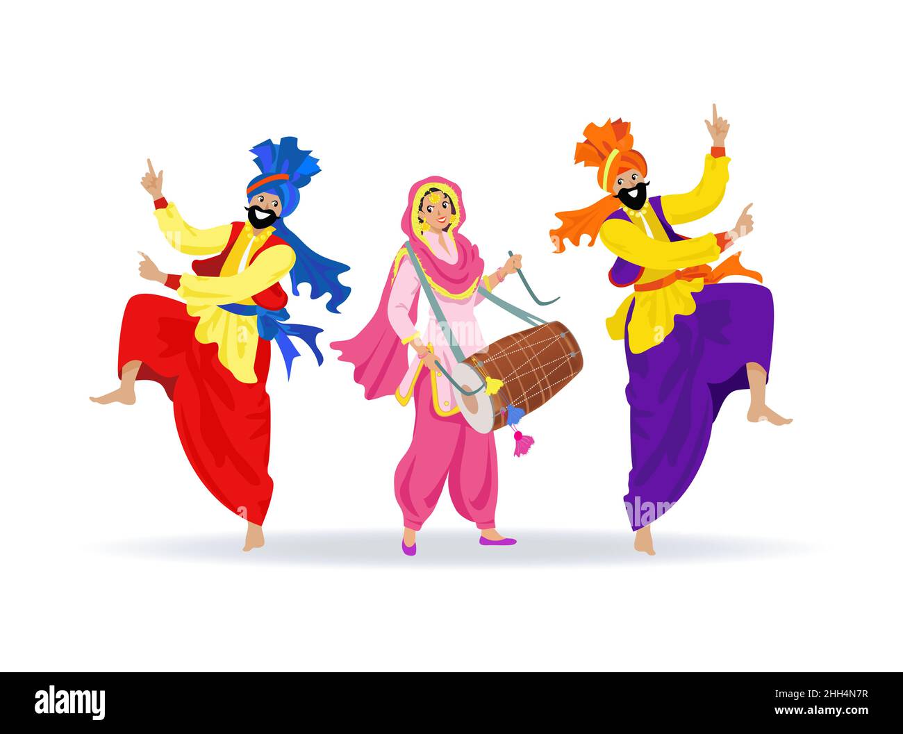 Trois personnes sikhes souriantes vêlées de vêtements colorés, dansant des hommes barbus sautant dans des turbans, heureuse fille riant en costume punjabi jouant dhol tambour Illustration de Vecteur