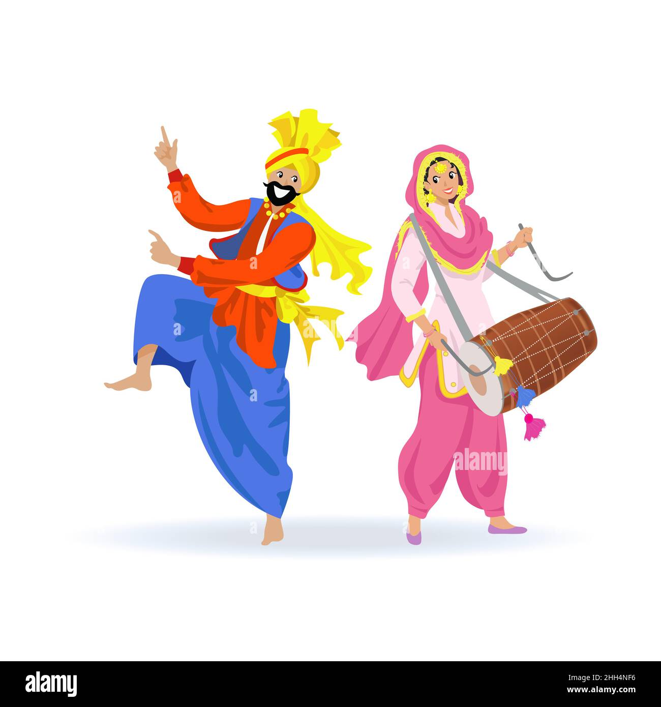 Joyeux couple sikh, barbu dans le turban dansant bhangra danse, jeune femme en costume de Punjabi rose jouant dhol tambour au festival de récolte Lohri, partie Illustration de Vecteur