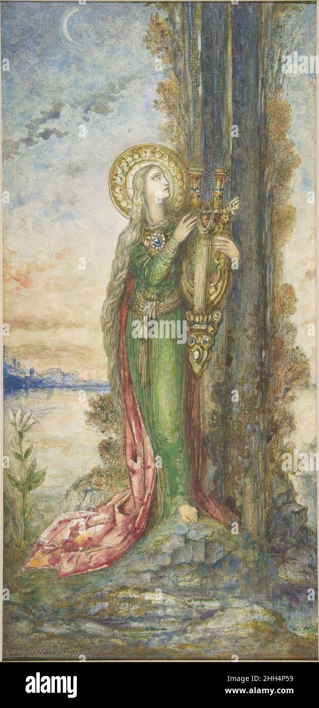 Saint Cecilia ca.1890–95 Gustave Moreau le Moreau français n'était pas un chrétien pratiquant, mais sa profonde croyance en la valeur spirituelle de l'art l'a attiré vers des martyrs catholiques comme Saint Cecilia.Ici, il montre le saint patron de la musique jouant une lyre élaborée, un symbole classique de la créativité, comme elle regarde le poids, suggérant à la fois l'inspiration divine de sa chanson et sa dévotion à Dieu.Ce travail montre la grande variété de textures et d'effets que Moreau a pu réaliser avec aquarelle, un milieu qu'il a exploré régulièrement au cours des trois dernières décennies de sa carrière.Saint Cecilia.Gustave Banque D'Images
