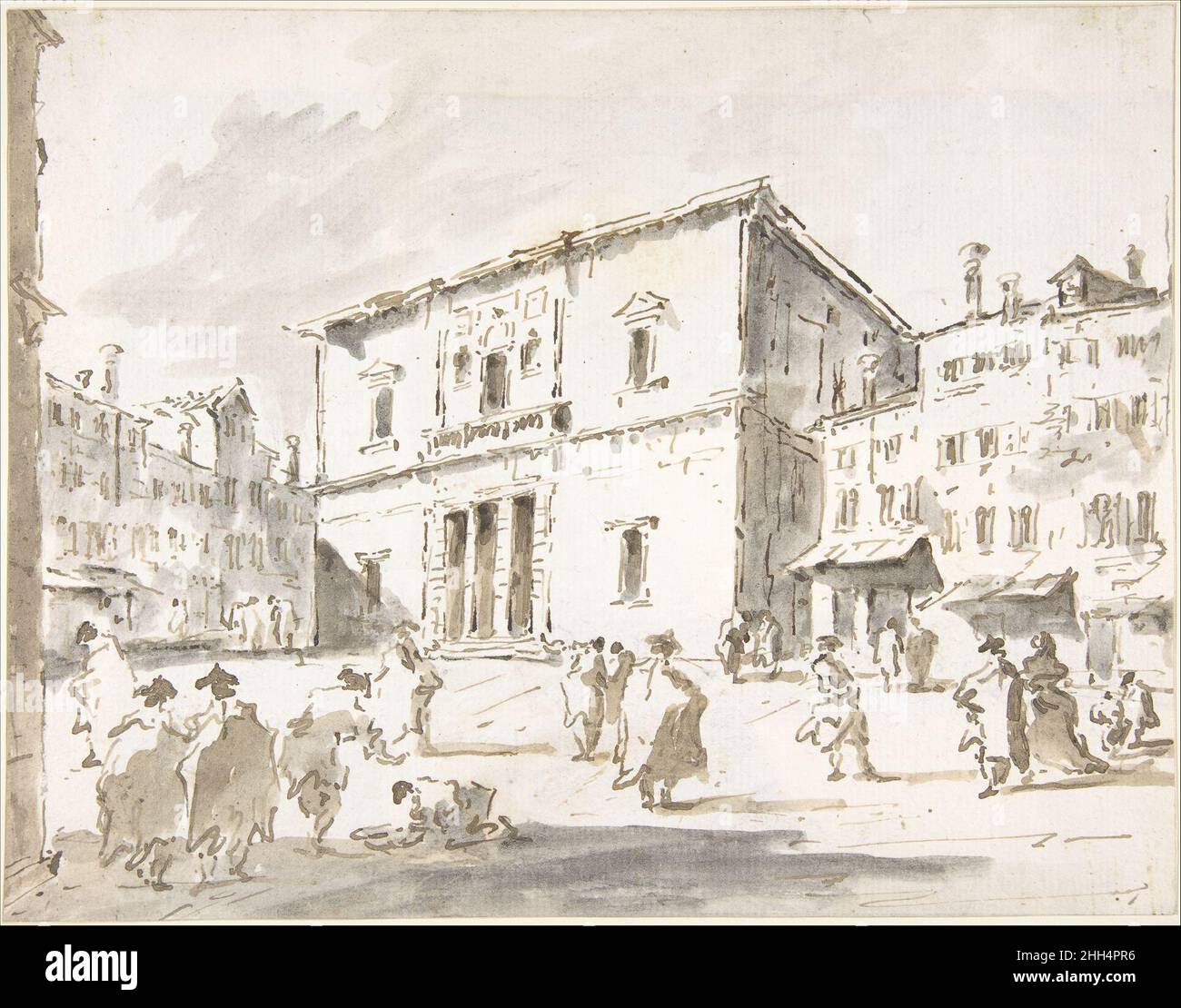 Le Théâtre Fenice de Venise (recto); fragment d'un grand dessin représentant une partie d'une colonne et une Corniche (verso) 1712–1835 Francesco Guardi Italian cette vue du Teatro la Fenice (Théâtre Fenice) est l'un des derniers dessins de Francesco Guardi.La Fenice, l'œuvre de l'architecte Giovanni Antonio Silva, a été commencée en 1790 et a ouvert en avril 1792, moins d'un an avant la mort de Francesco Guardi.Le dessin est bien conservé, bien que James Byam Shaw ait suggéré que les accents de lavage gris, utilisé pour renforcer les ombres au premier plan et sur le théâtre et les bâtiments adjacents, ma Banque D'Images