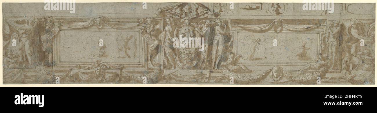Design pour un Frieze avec Cartouche Centrale contenant des armes Medici avec Papal Tiara 1550–99 Anonyme, Italien, deuxième moitié du 16th siècle italien.Design pour un Frieze avec Cartouche Centrale contenant des armes Medici avec Papal Tiara 346309 Banque D'Images