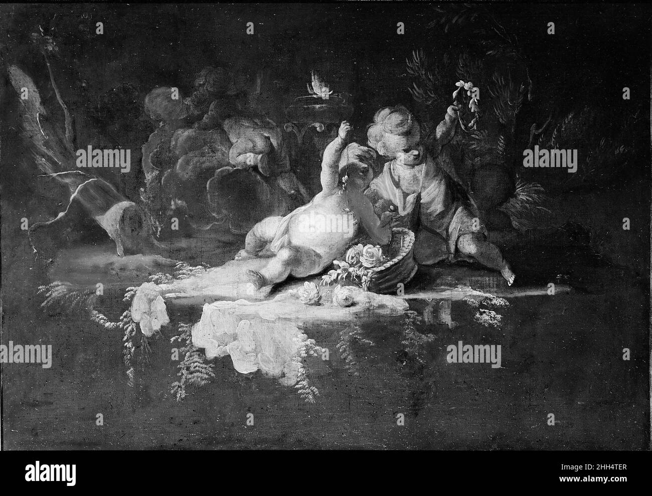Putti avec un panier de fleurs 18th siècle peintre français.Putti avec un panier de fleurs 189548 artiste: Peintre français, artiste: Style de Fran?ois Boucher, français, Paris 1703?1770 Paris, Putti avec un panier de fleurs, 18th Century, huile sur toile, 19-1/4 x 28-3/8 po.(48,9 x 72,1 cm).Metropolitan Museum of Art, New York.Don de J. Pierpont Morgan, 1906 (07.225.305) Banque D'Images