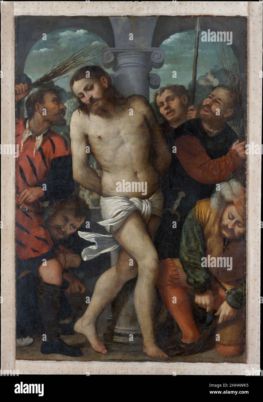 La flagellation; (inverse) la Madonna de Mercy ca.1540 Girolamo Romanino Italien Romanino peint cette représentation expressive de la flagellation du Christ comme une bannière processionnelle pour une confrérie, ou groupe religieux laïc, à Brescia, une ville non loin de Milan.Les imprimés allemands contemporains, qui circulaient largement dans le nord de l'Italie, inspiraient sa composition fortement comprimée et la véhémence des bourreaux.Caravaggio, l'artiste révolutionnaire de la prochaine génération, a passé ses années formatrices dans la région et a presque certainement su et admiré cette peinture.Sur son rever Banque D'Images